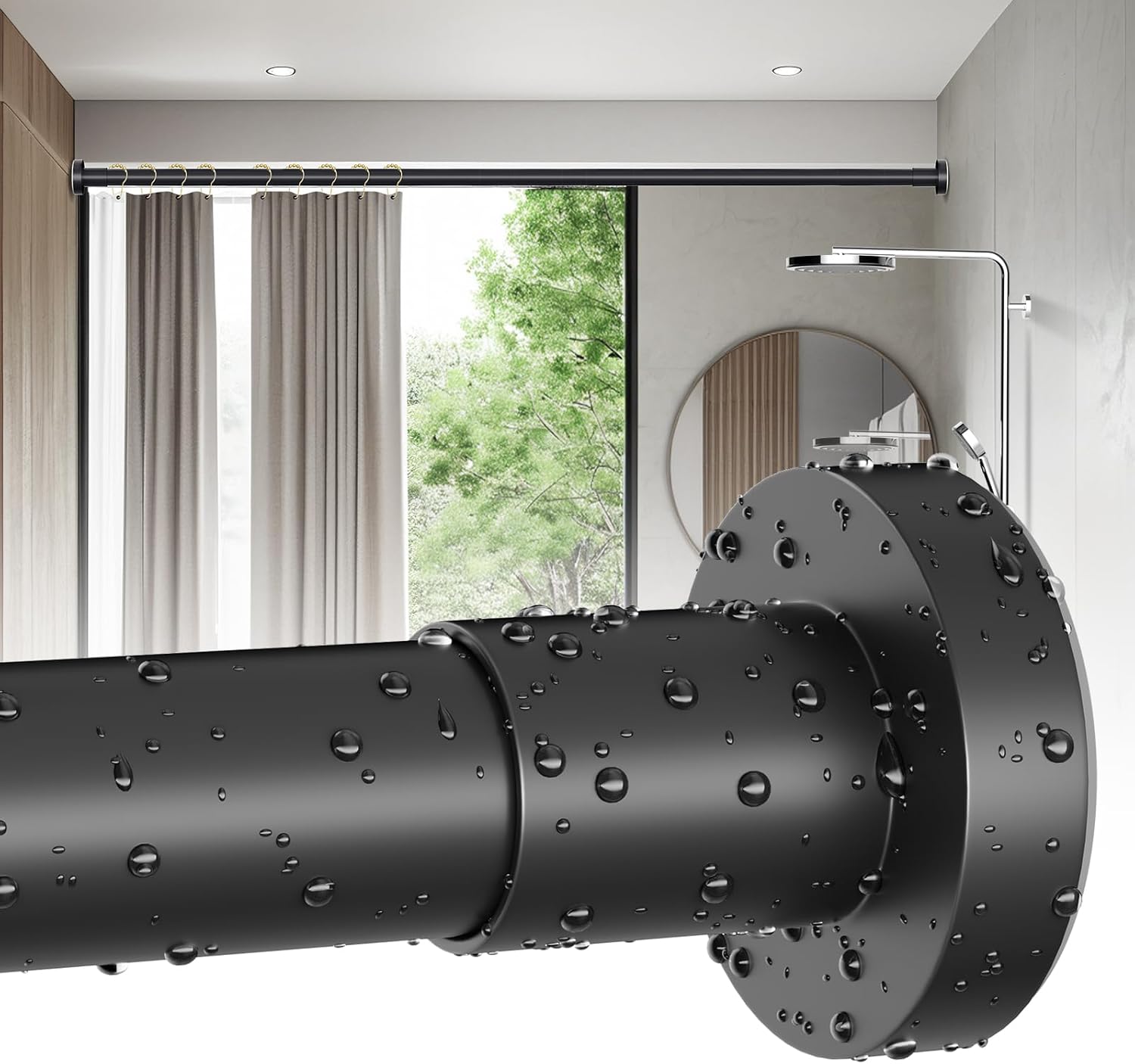 Black Shower Curtain Rod 36-84 Inches (3-7ft) Adjustable Shower Rod Spring Tension No Drilling Non Rust Non Slip Stainless Steel Shower Rods for Bathroom