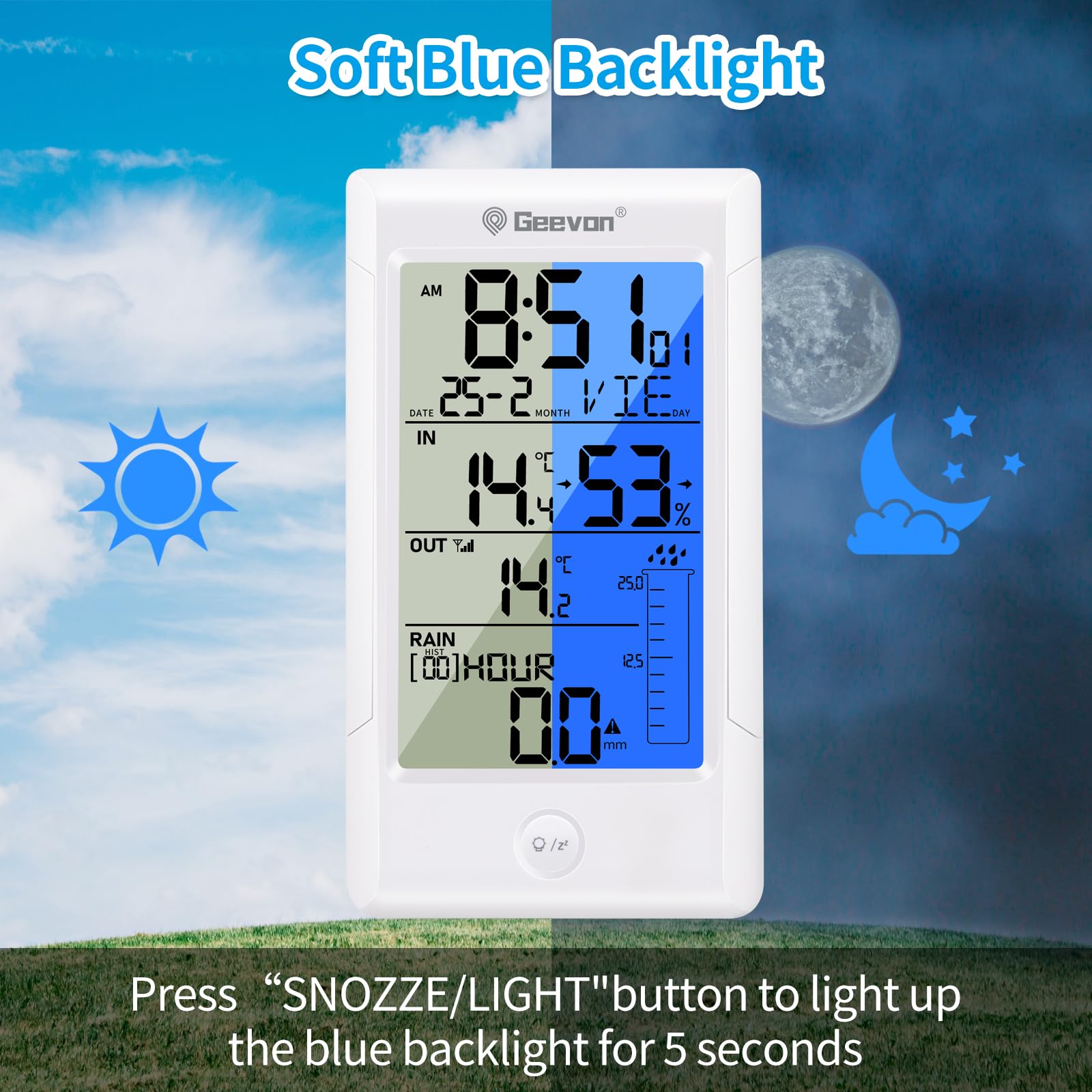 Geevon Digitaler Regenmesser mit Thermometer, Niederschlagsmessung im Freien, genaue Daten klare Anzeige, breiter Erfassungsbereich, Hochwasseralarm, einfache Einrichtung, Außentemperatursensor