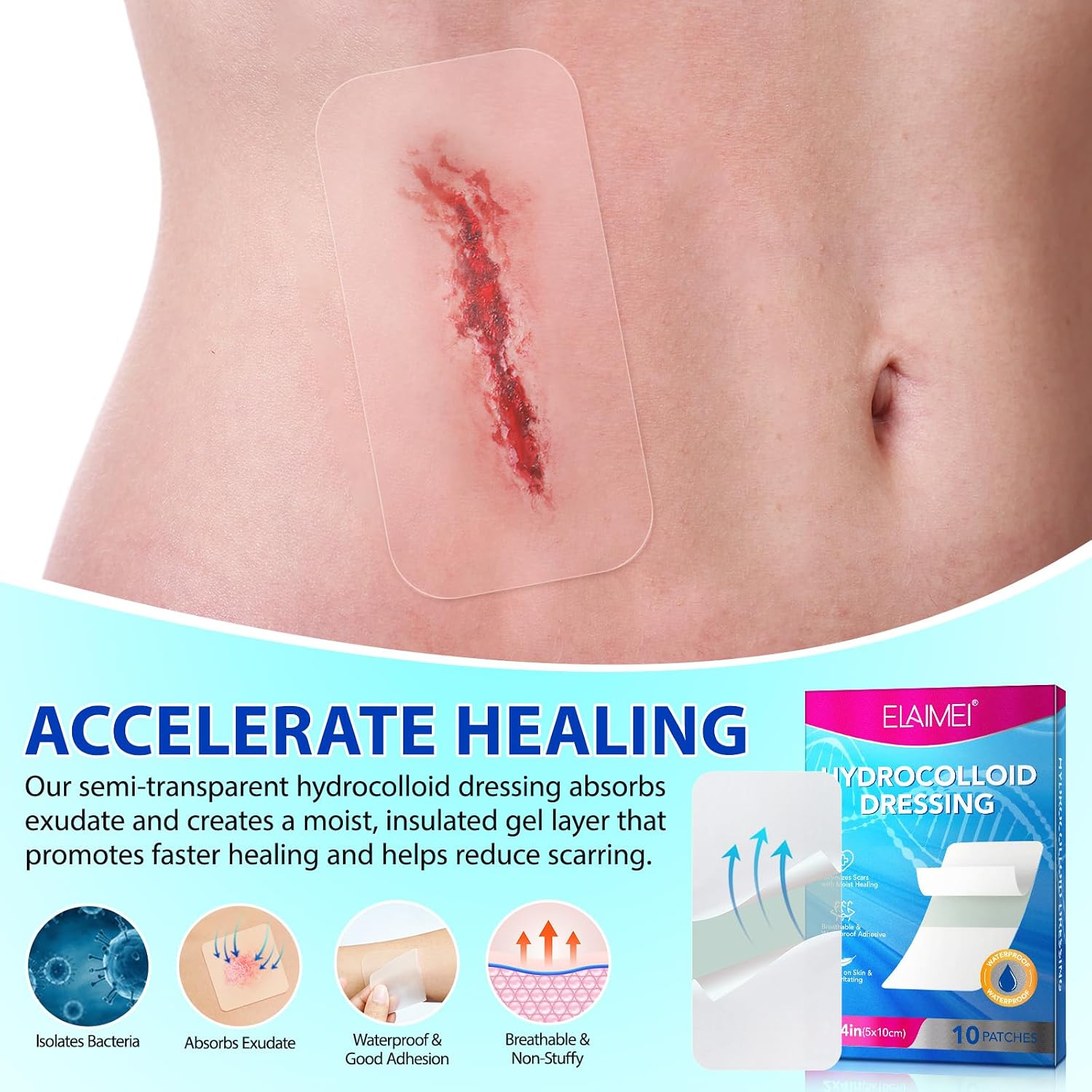 hydrocolloid band aid 2x4 inches 10p hydrocolloid dressing reduces scarring through moist healing breathable and waterproof adhesive bandage gentle and non irritating to the skin - الصورة 5