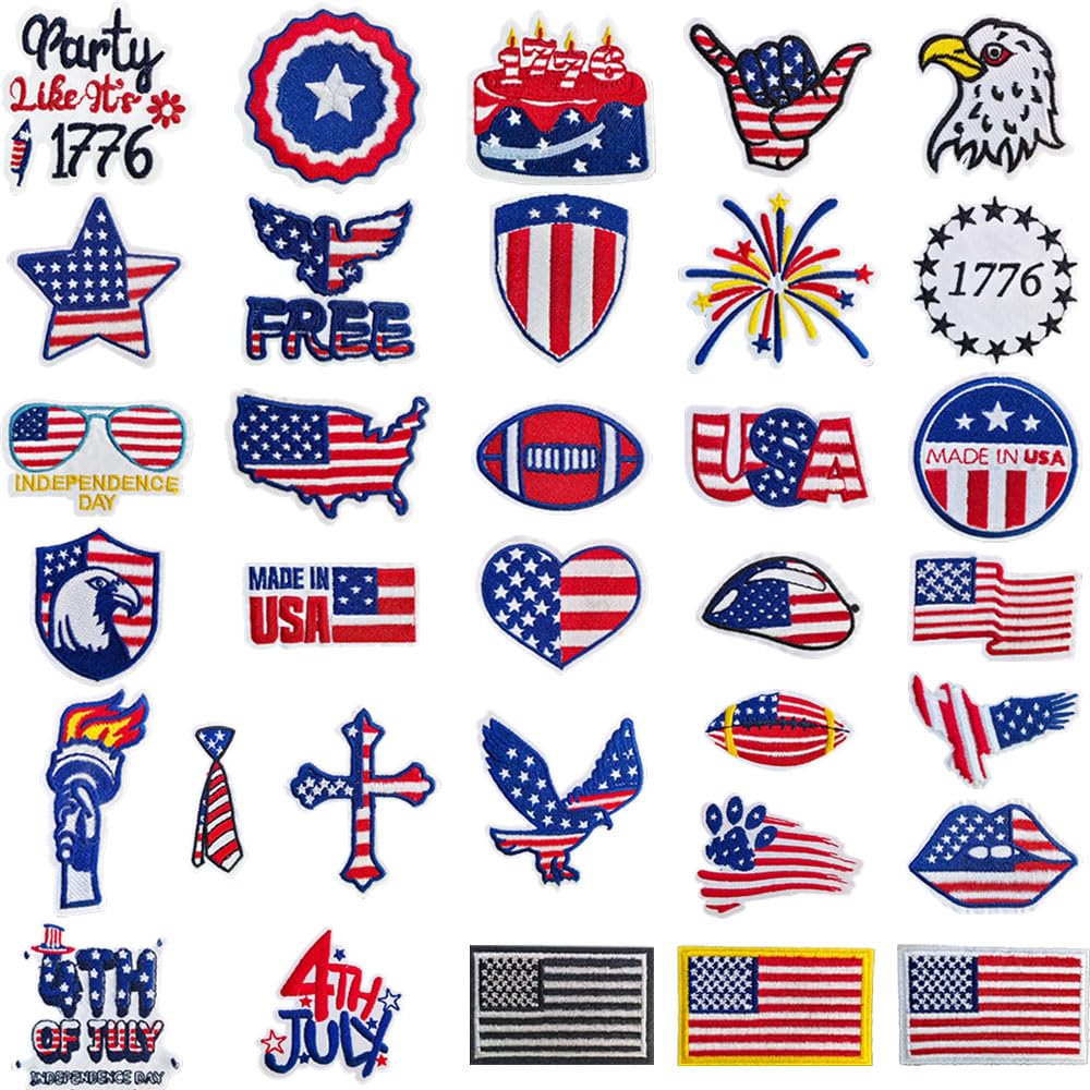 33-Piece Independence Day Embroidered Patches Set, American Flag USA Patriotic Iron-On Badges, 4th of July Theme — image 1