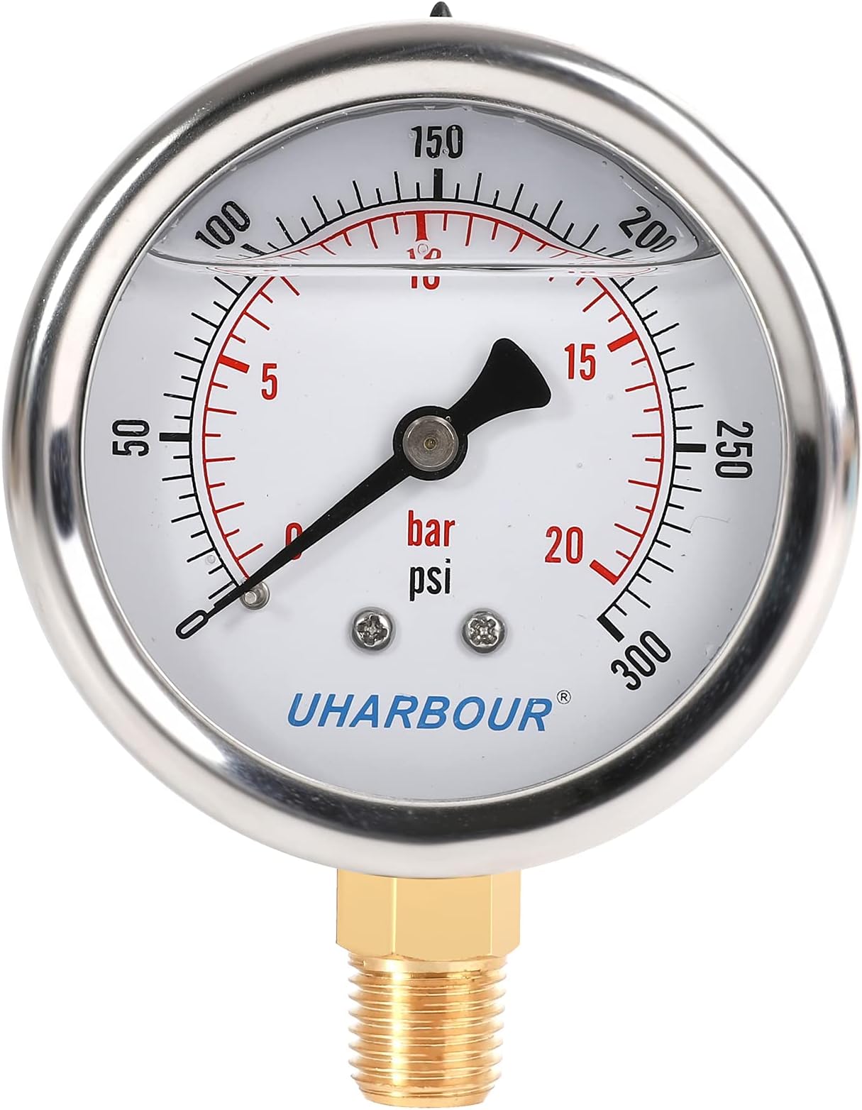 Glycerin Filled Pressure Gauge 300psi/20bar, Stainless Steel case, Brass Inside Construction, 2-1/2" dial, 1/4" NPT Rear Connection.