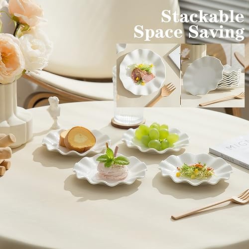 Miniatura 5 de Juego de 18 platos de porcelana de 6 pulgadas, platos pequeños para ensalada de postre, platos de servir con borde de onda blanca para pasteles,