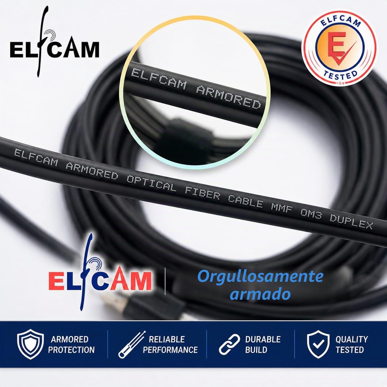 Elfcam® - Cables de Fibra Óptica Blindados LC/UPC a LC/UPC OM3 Multimodo Duplex 50/125um LSZH, para Instalaciones en Exteriores e Interiores, Negro (100M)