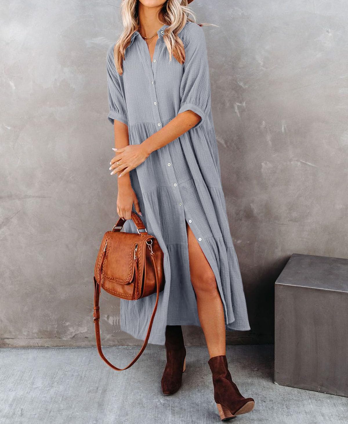 R.Vivimos Vestito Estivo Casual Mezza Manica Bohémien Donna Elegante Chic Abito da Camicia Midi a Pieghe con Scollo a V