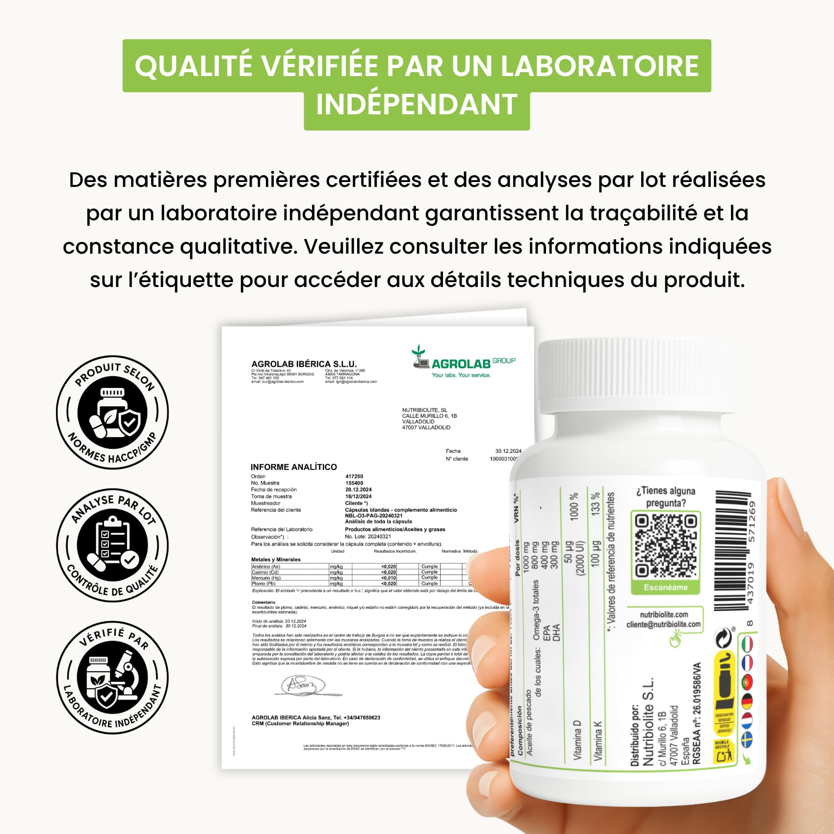 Omega 3 D3 K2 - Huile de Poisson 1000 mg - 80% d’Oméga 3 en triglycérides TG (EPA 400 mg + DHA 300 mg) + Vitamine D3 2000 UI et K2 MK-7 All-Trans 100 mcg - 90 capsules molles - 3 mois | Nutribiolite