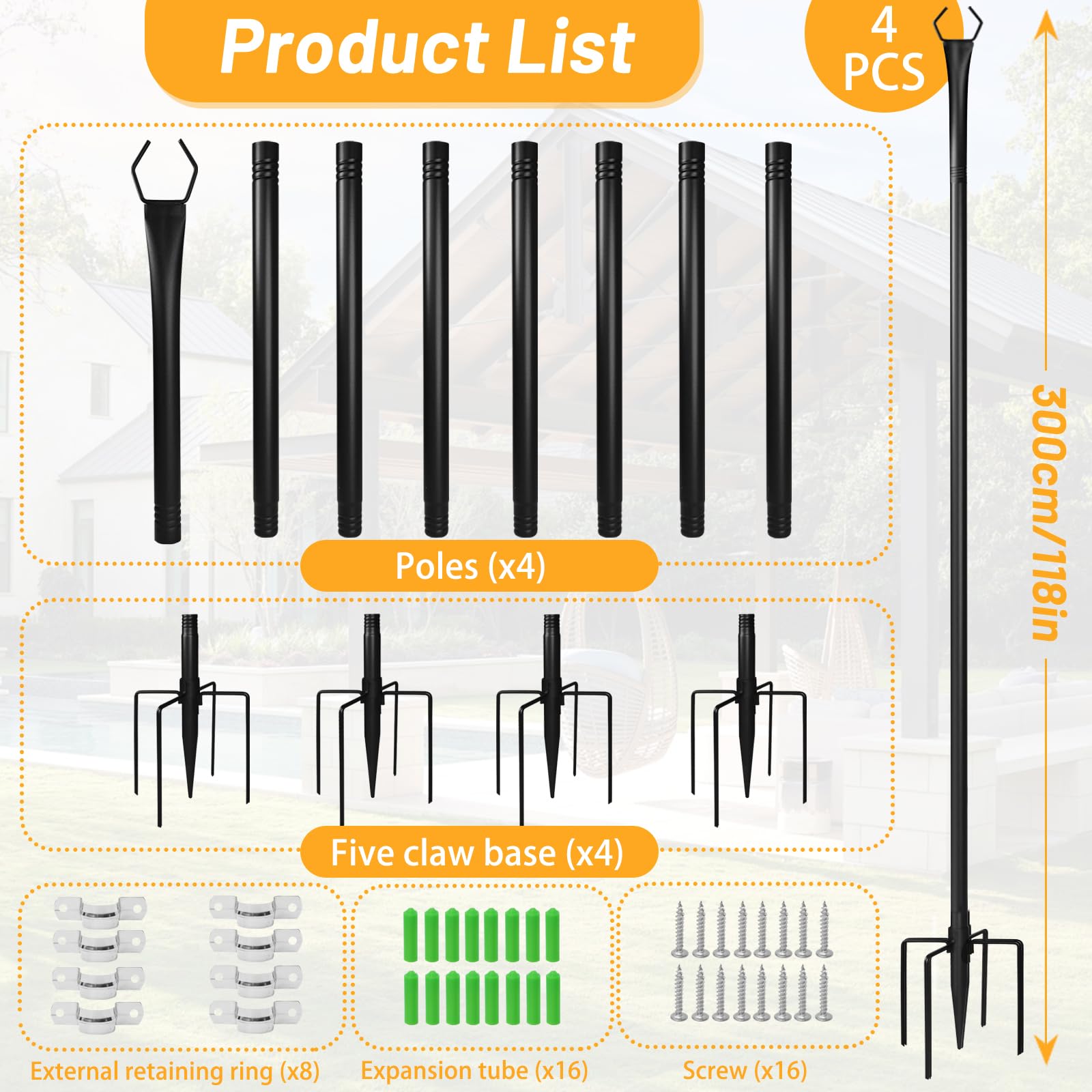 Confezione da 4 pali luminosi regolabili in metallo da 3 m, con forchetta per luci esterne, supporto per luci da esterno per patio, terrazza, cortile, giardino, feste, matrimoni