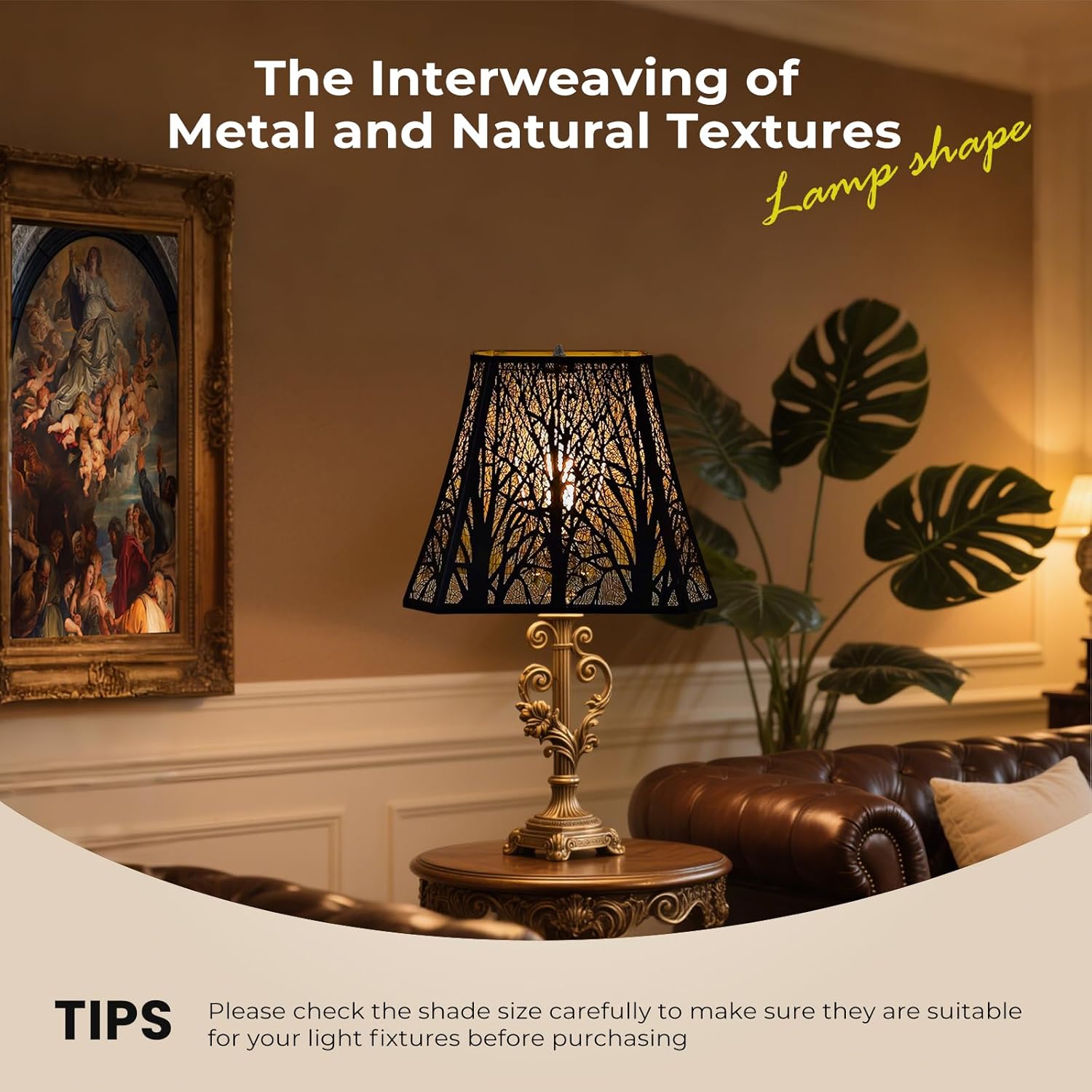 Etched Forest Metal Lampshade, Rectangle Large Lamp Shade Fitter Floor and Table Lamp Shade, 8" Top Diameter, 13.9" Bottom Diameter, 11" Height, Black Outer Gold Inner