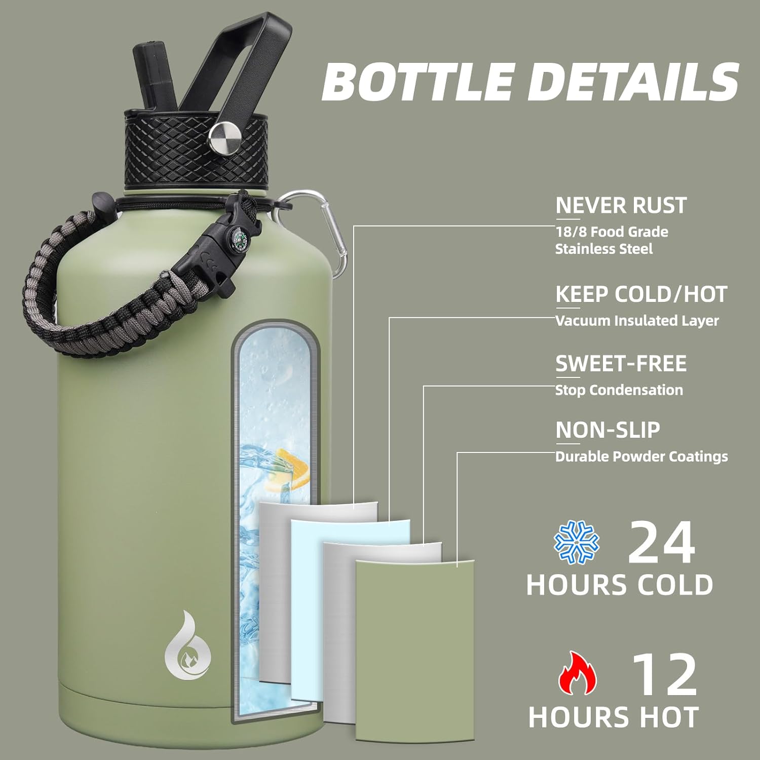 BJPKPK 2/3 Gallon Water Bottle with Straw Lid, 87oz Large, Stainless Steel Water Bottles with 3 Lids and Paracord Strap, Double Wall Vacuum Metal Water Jug, Camp Green - Image 2