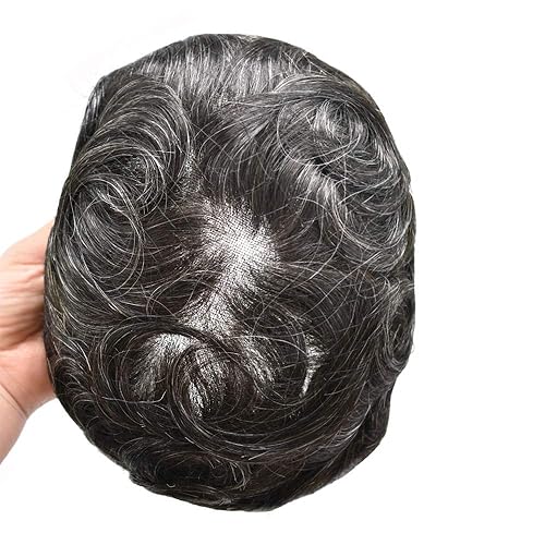 Miniatura 4 de Toupee para hombres, centro de encaje francés, extensiones de cabello humano, sistema de reemplazo de encaje con piel fina, prótesis de cabello gris