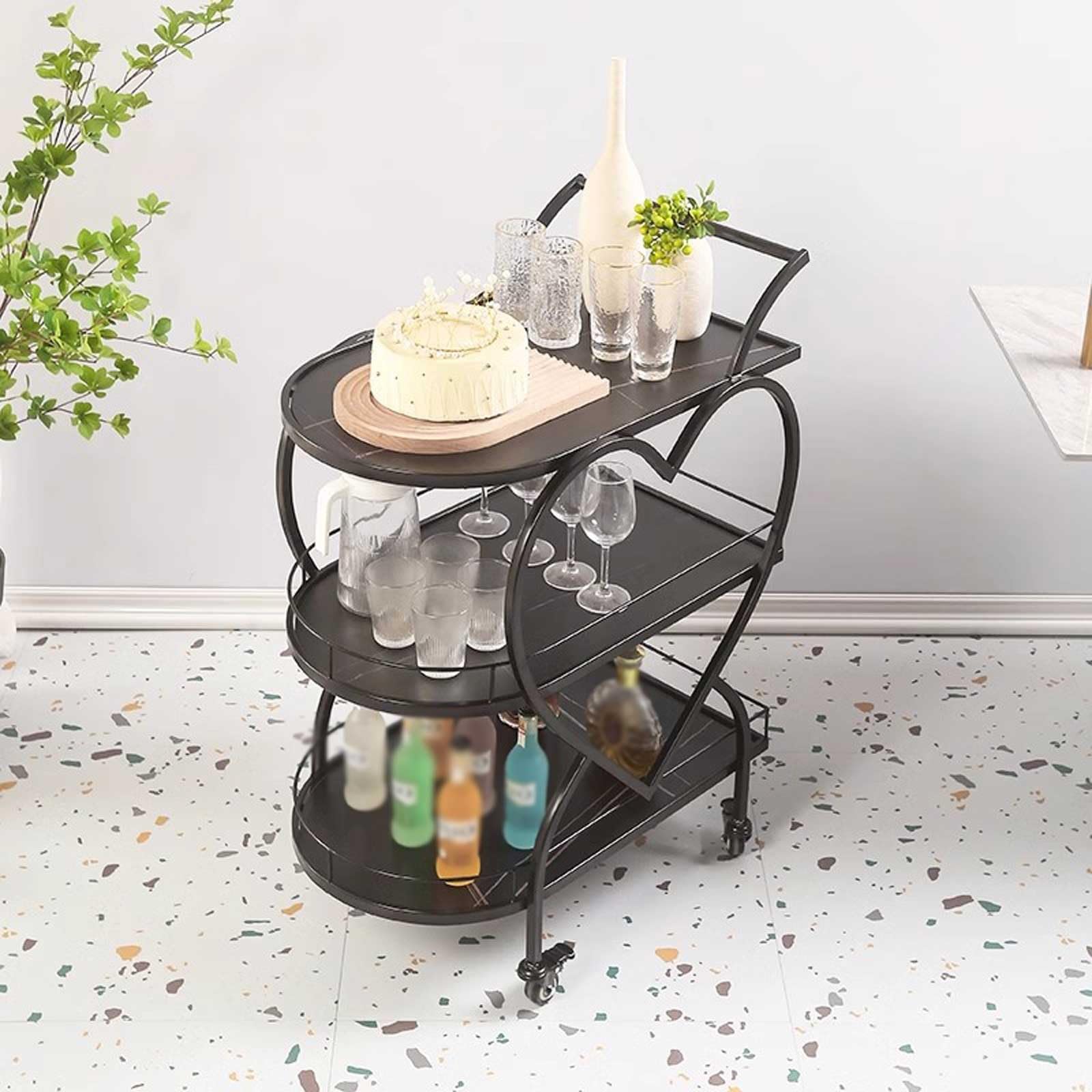 Carrello Multiuso da Cucina Carrelli Bar Neri con Ripiani a 3 Livelli, Carrello Bar Mobile for la casa, Cucina, Soggiorno, Sala da Pranzo Carrello di Servizio