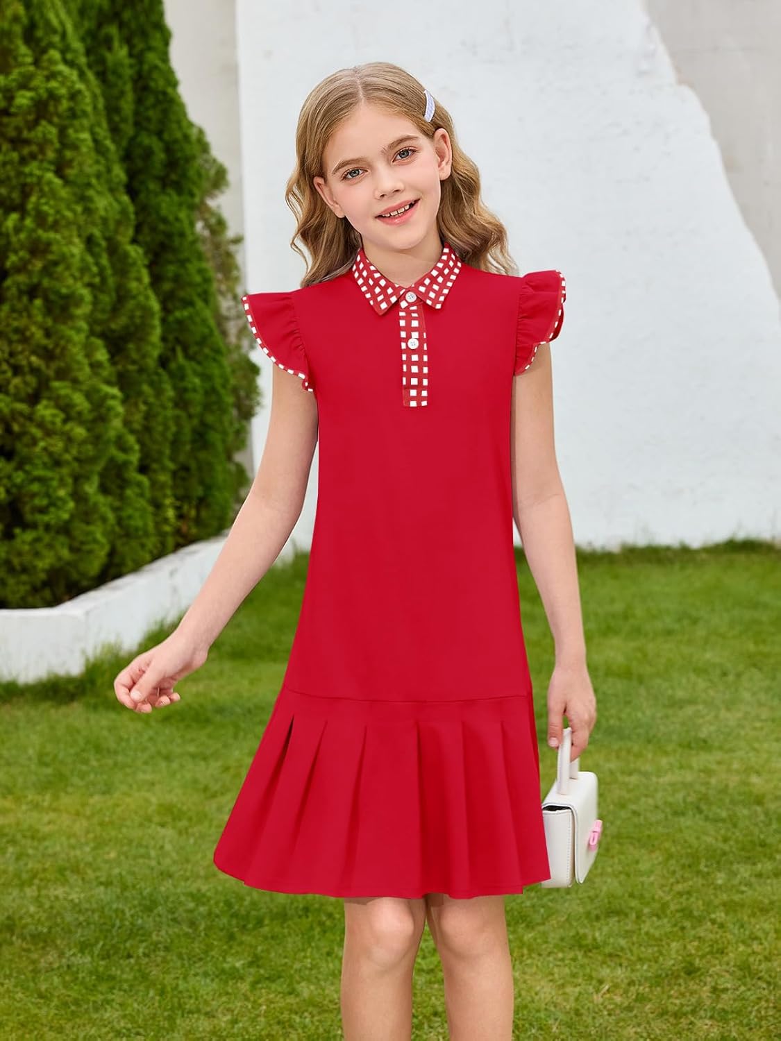 Haloumoning Girls Ruffle Sleeve Summer Dress Kids Casual Pleated School Uniform Polo Dresses 5-14 Years - Image 3