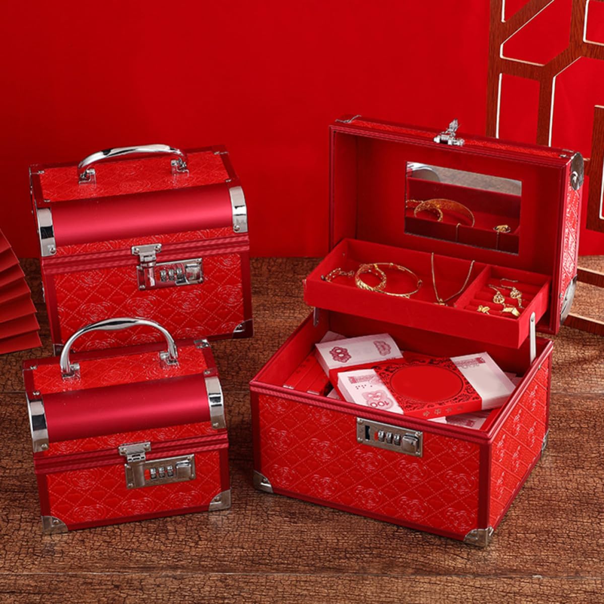 Scatola Portagioie da Tavolo Rossa Lucchetto a Codice | Pu, Alluminio, Legno e Flanella, per Orecchini e Oggetti Personali, Design Raffinato e Compatto