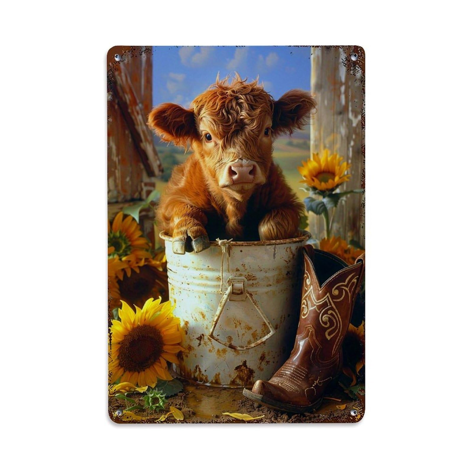 Sunflower Cow Bucket Cowboy Boot Retro Metal Tin Sign, Vintage Decor Art Poster for Bar, Home, Man Cave, Kitchen, Laundry Room Gift 8x12Inch
