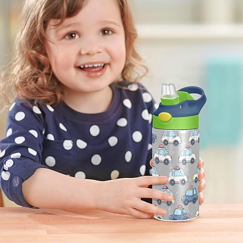 Miniatura 7 de Cute Police Cars - Botella de agua gris para niños con popote de silicona, vehículos de dibujos animados, aislados de acero inoxidable con tapa con