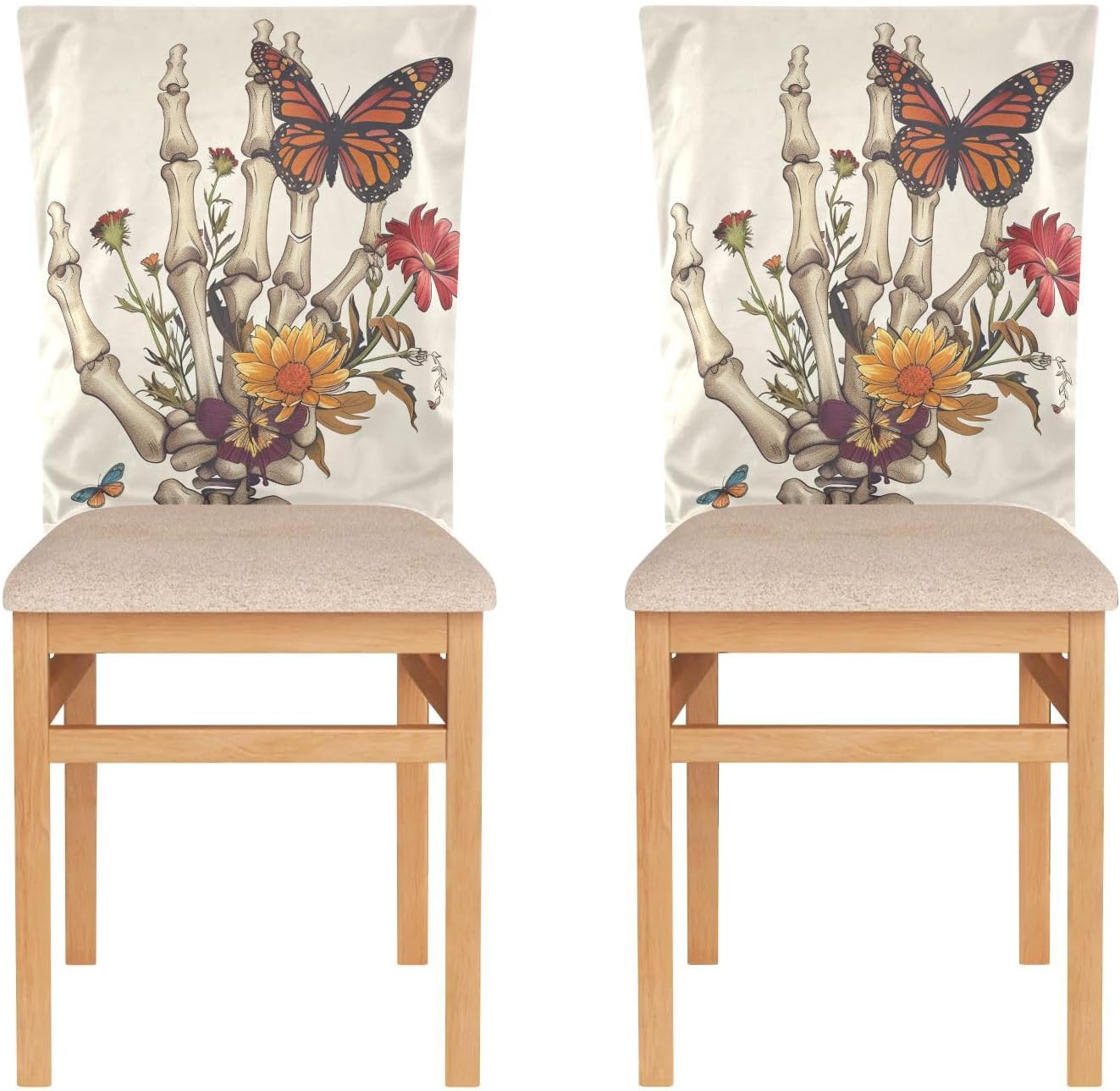 ALAZA Butterfly Florals Skeleton Chair Back Cover Set of 6, Washable Reusable Removable Chair Slipcovers Decorative Chair Cover for Home Kitchen Wedding Party