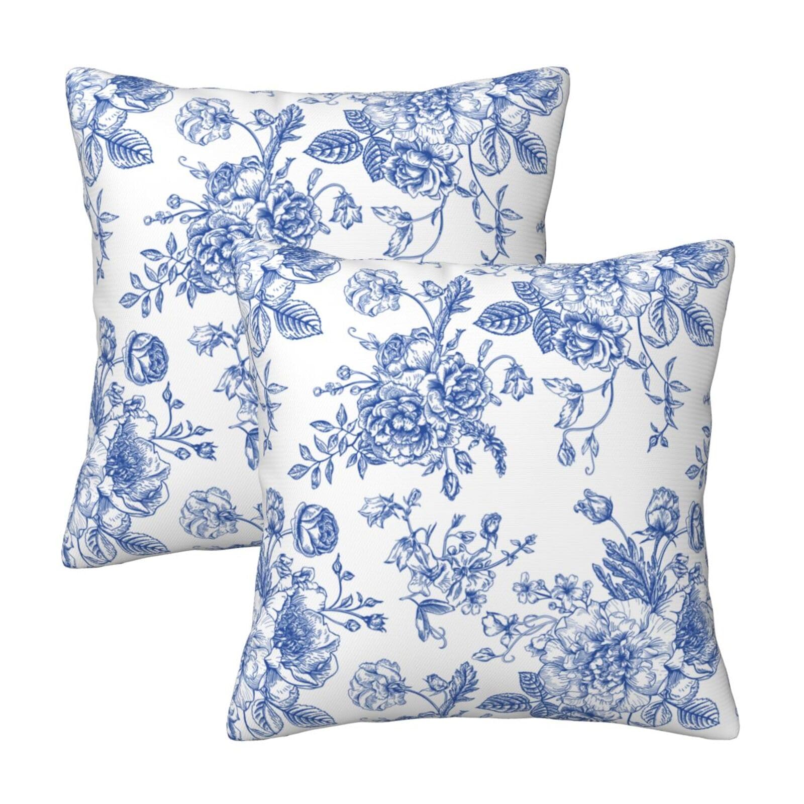 Chinoiserie Blue and White Pillow Covers 18x18 Set of 2, Flower Floral Throw Pillow Covers Outdoor Decorative Pillow Case for Couch Bed Sofa Cushion