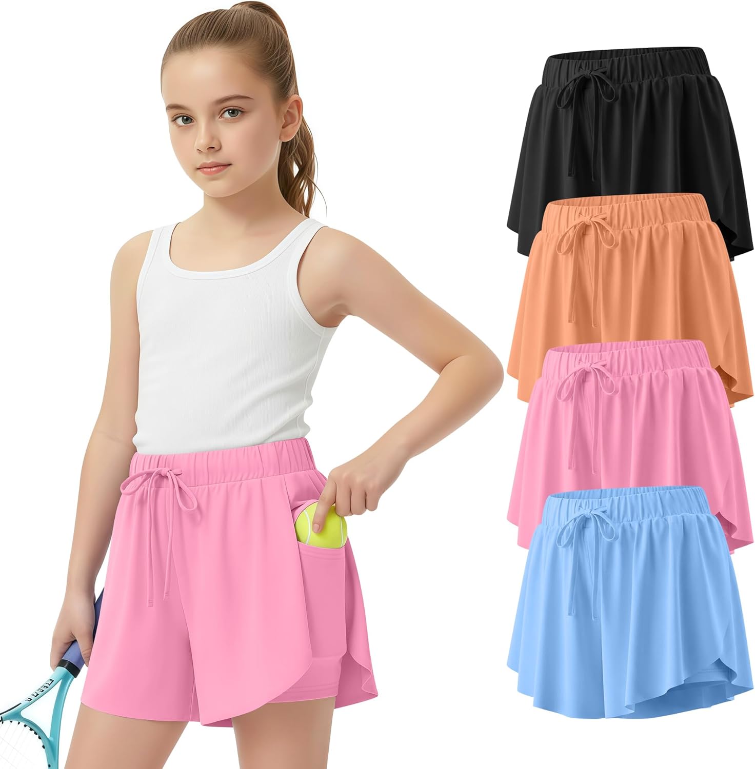 4 Pack Girl's Athletic Flowy Shorts Kids Butterfly Short with Pockets 2 in 1 Drawstring Sports Skirts for 5-14 Years
