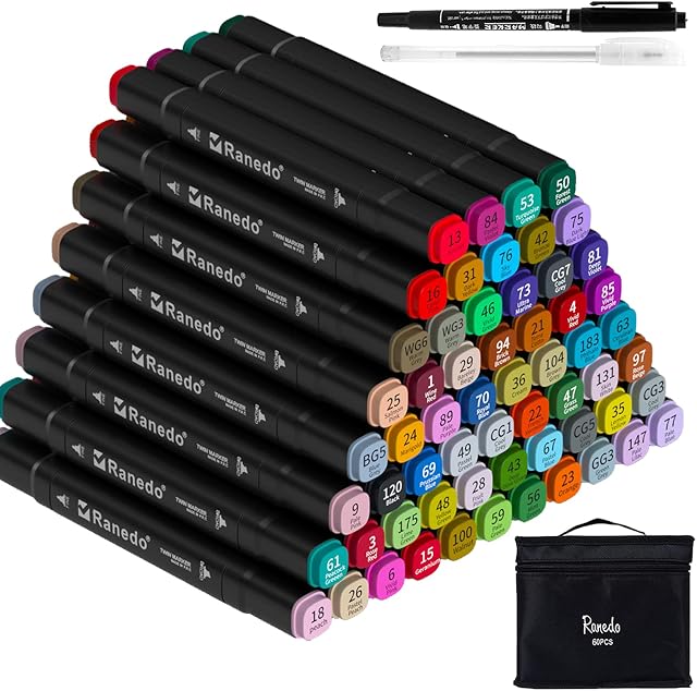 Ranedo Alcohol Markers, 60 Colouring Pens, Professional Dual Tip Permanent Art Marker Pens, Alcohol Based Markers with 2 Bonus Pens and Carrying Case for Kids, Adults Painting Coloring Sketching