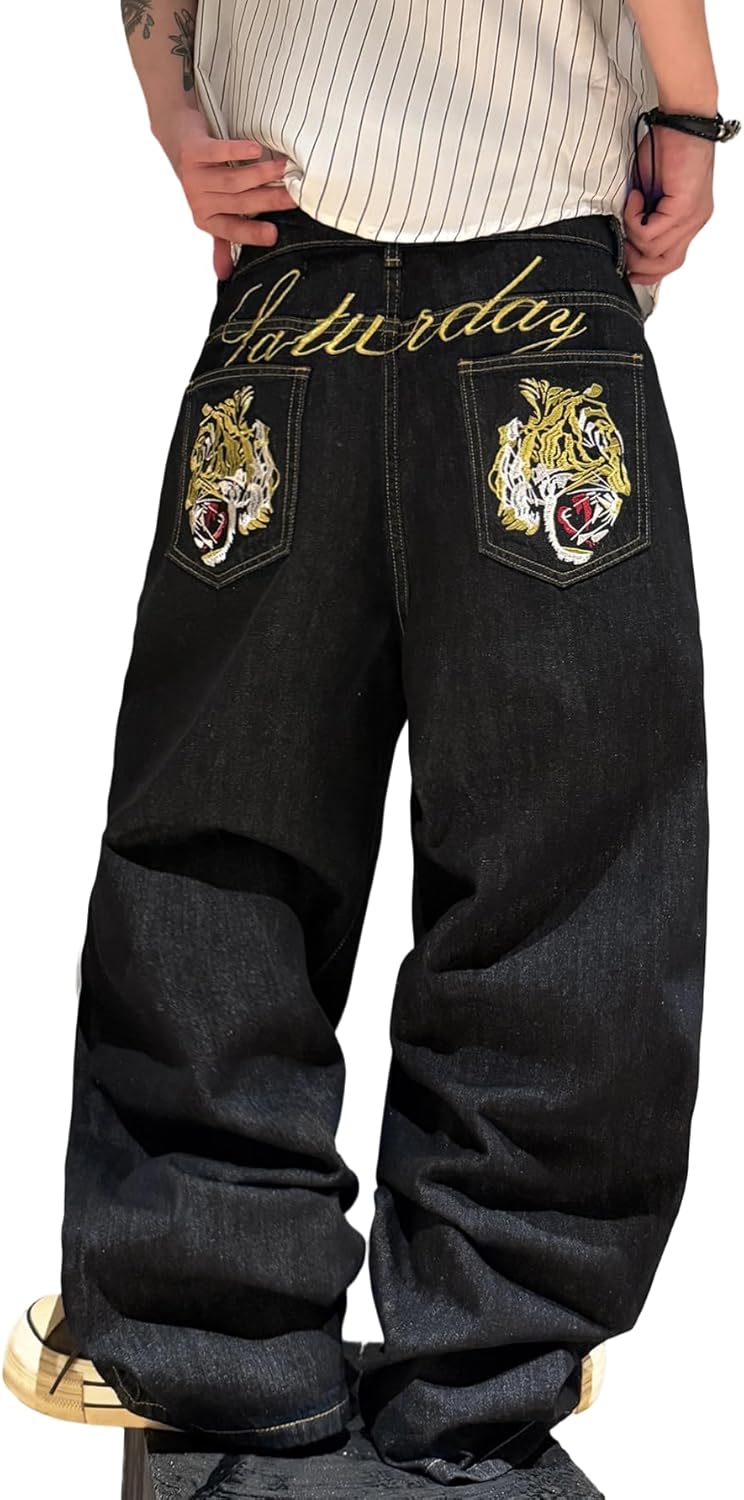 Men's Hip-hop Embroidered Baggy Jeans Loose Fit Denim Black Trousers