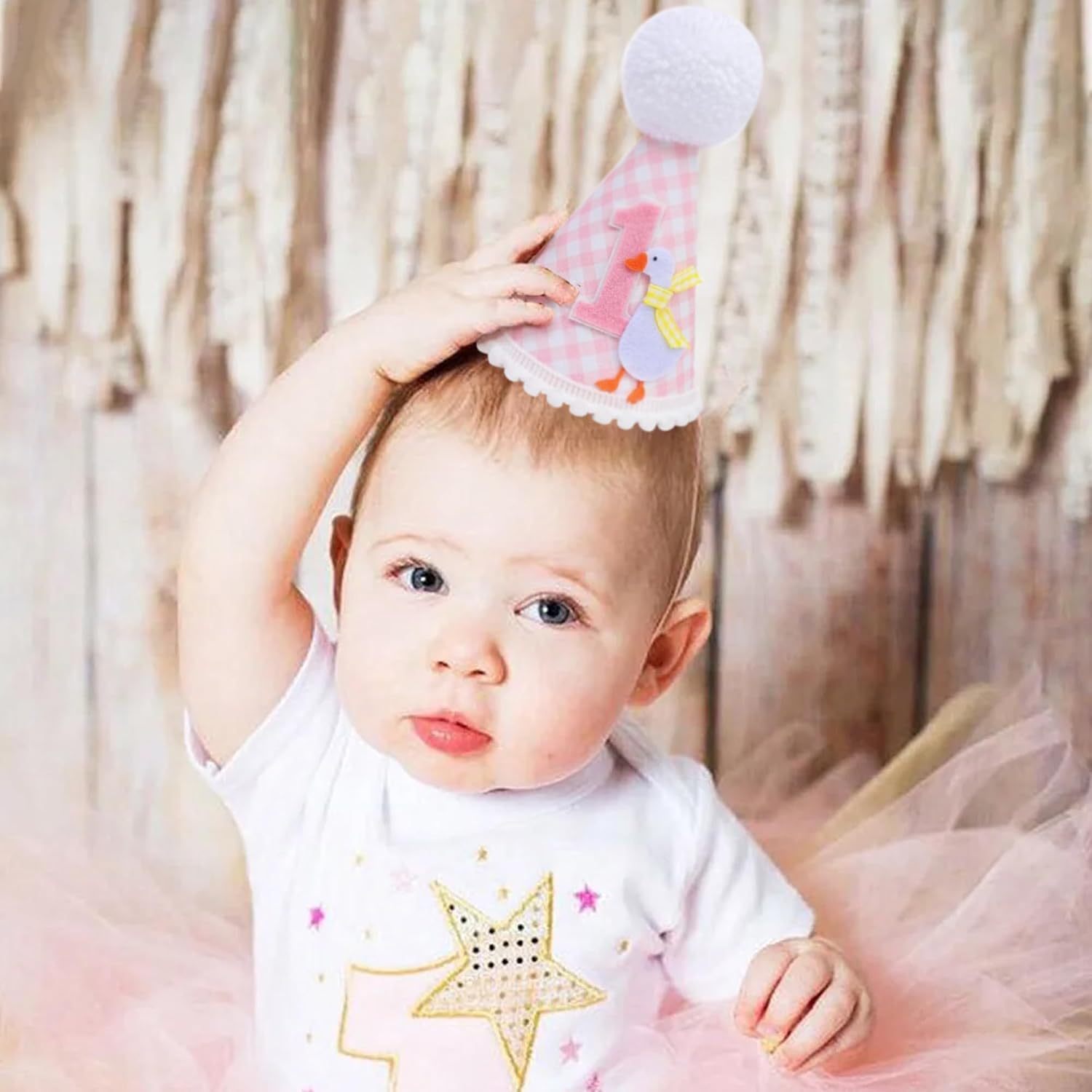 One Funny Goose First Birthday Hat for Girl, Goose 1st Birthday Decorations, Pink Gingham One Year Old Party Crown for Cake Smash and Photo Props