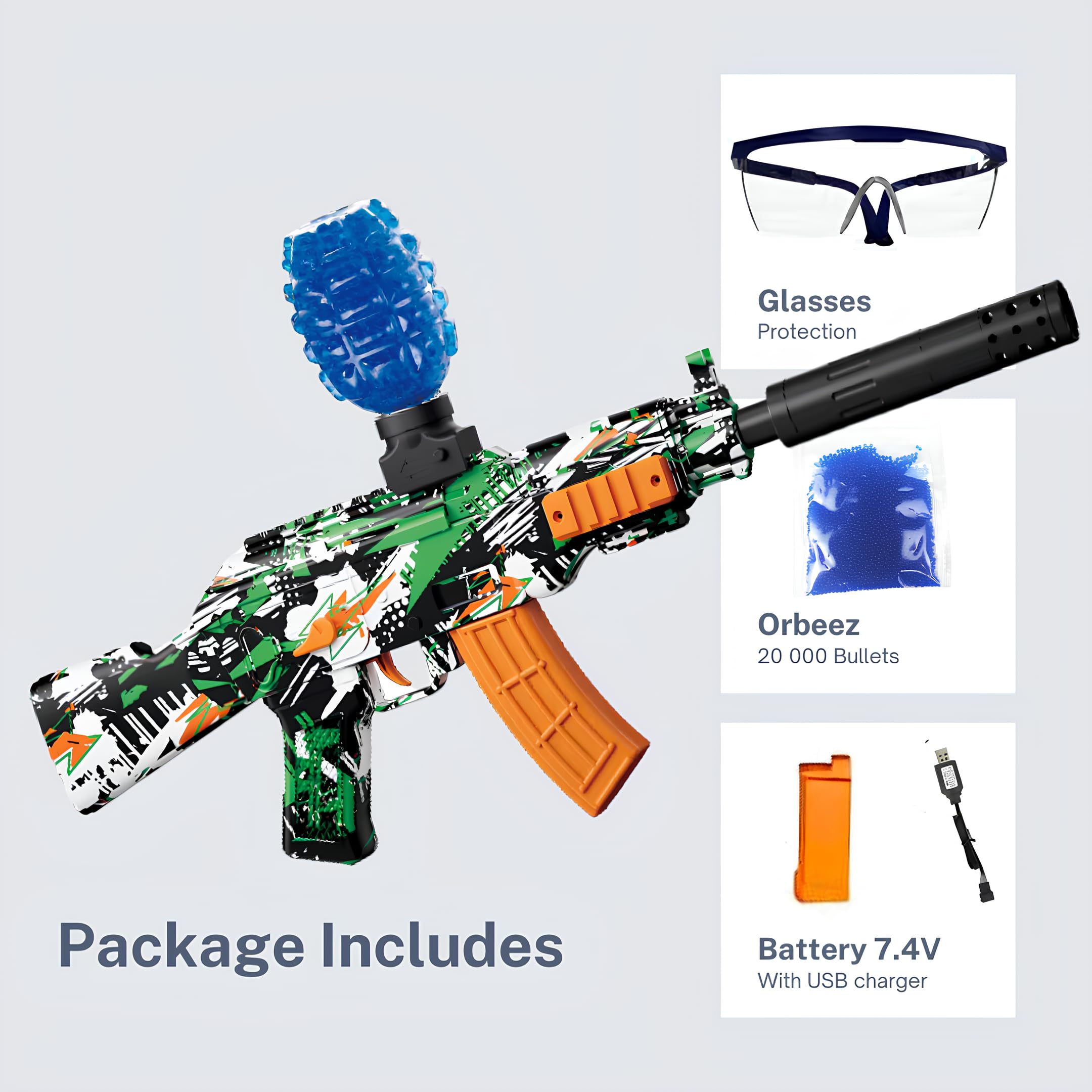 Gel Blaster Gun AK47 – Pistolet à Bille Eau Electrique Automatique – 20000 Balles et Lunettes – Watersoft Puissant Fusil Arme Mitraillette - Adulte Gelfire Water Gun