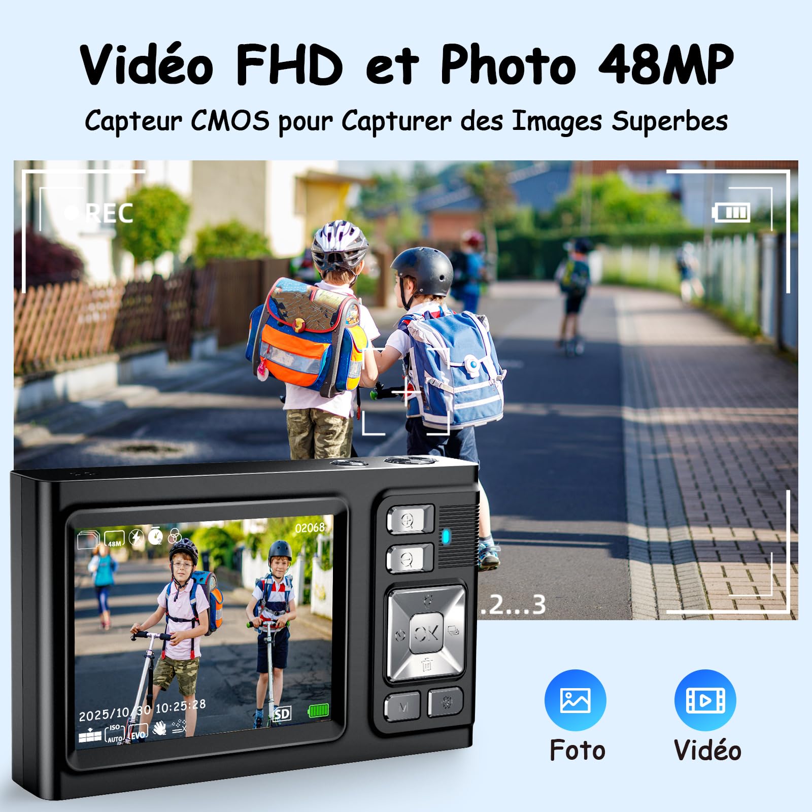 2.8'' Appareil Photo NuméRique, JDZ Appareil Photo Compact 4K HD, Zoom 16X, 48MP Digital Camera, Built in 32 Go Carte SD, Camera Digital pour Garçons et Filles, Adolescents, Débutants Adultes (Noir) | Appareil Photo CD HD 4K, Zoom 16X, Appareil Photo Numé