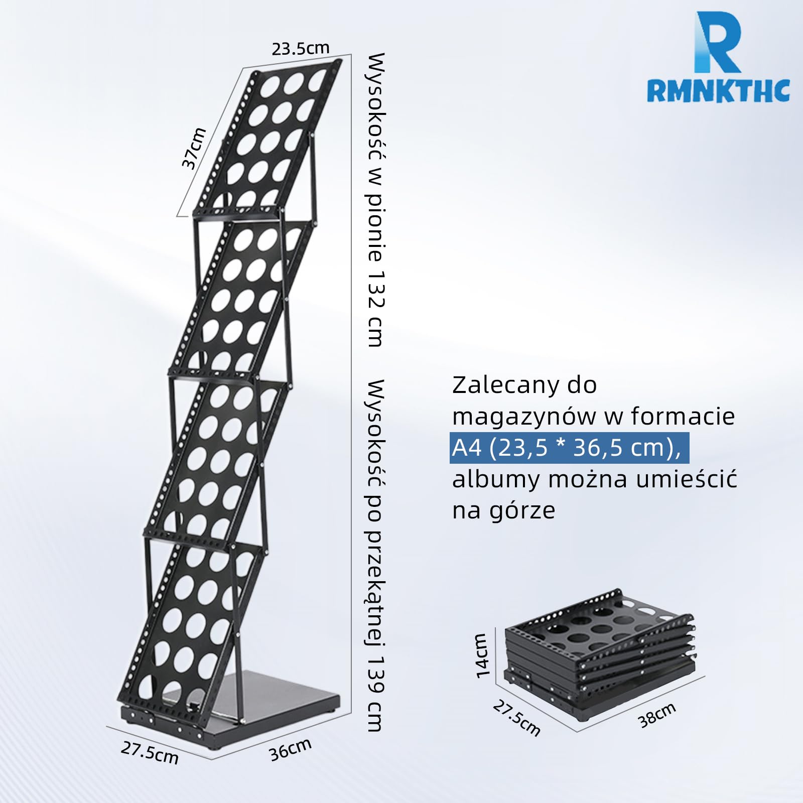 Soporte plegable para catálogo de 4 niveles con bolsa de almacenamiento Oxford, compatible con A4, estante de hierro para folletos/folletos/revistas (negro)