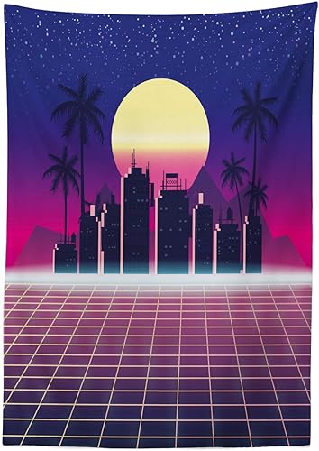 Miniatura 2 de Lunarable Disco Tablecloth, Synthwave Retro City Palms Sun and Grid in Vibrant Tones, Rectangular Table Cover for Dining Room Kitchen Decor, 60" X