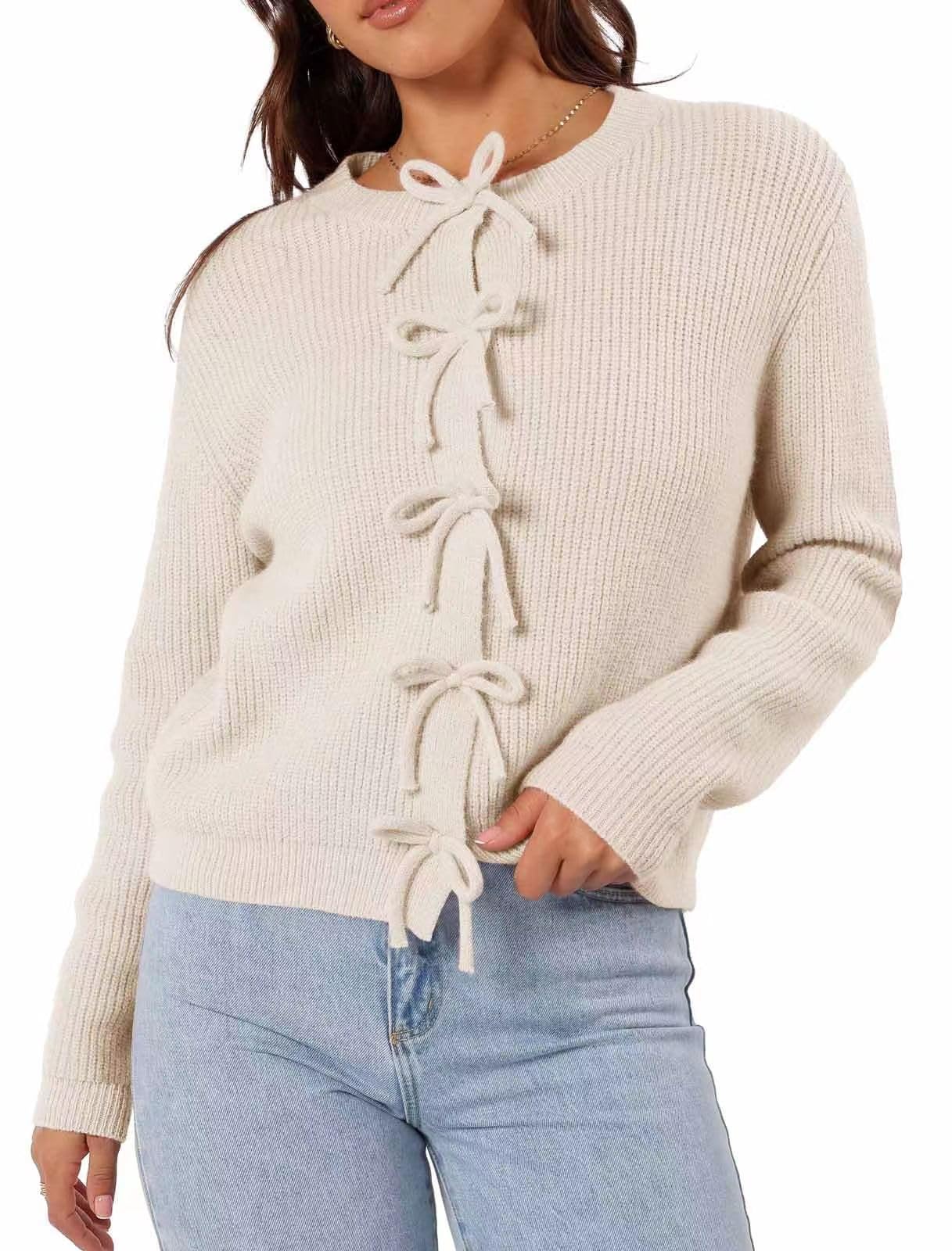Womens Bow Knit Cardigan Pink Button Down Sweater with Decorative Bows Long Sleeve V-Neck Tops