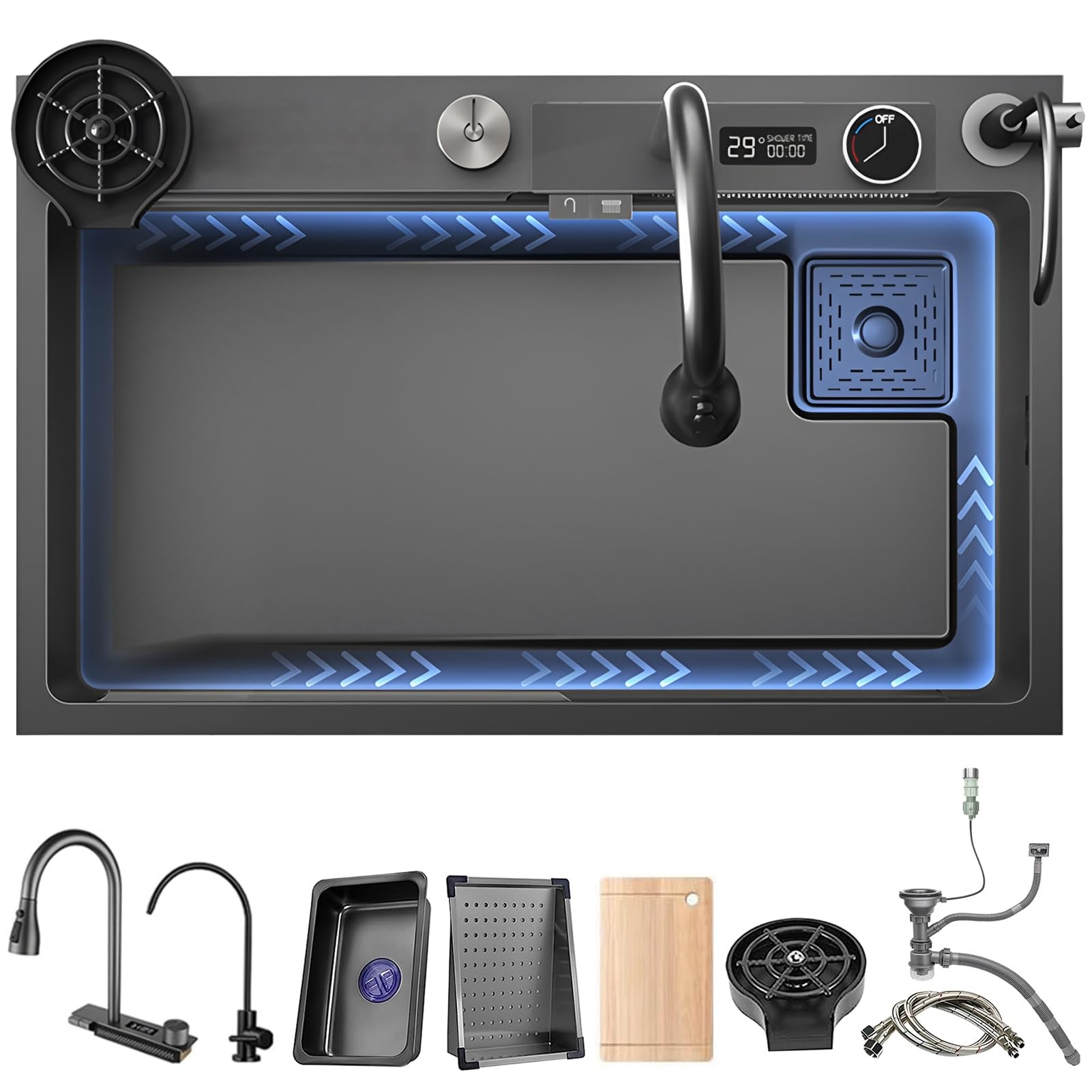 ZQFHSX 80x45cm Stainless Steel Kitchen Sink with Waterfall Faucet, Nano Coated Workstation Digital Display, Topmount Single Bowl, Deep & Large Capacity Multi-Purpose(Black GreyA,80x45x21cm)