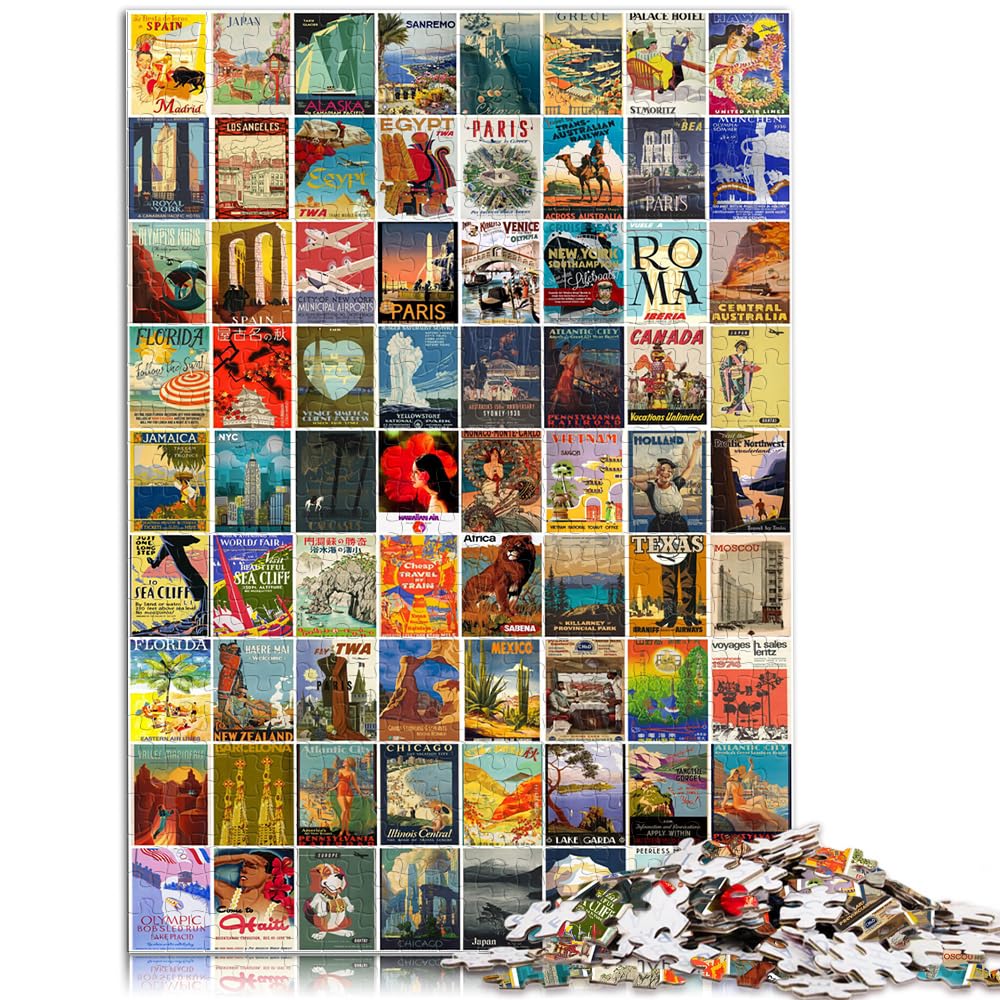 Vintage Travel Wall Art 1000 Piece Jigsaw Puzzles For Adults and Kids Premium Recycled Board as gifts for the whole family and the 10.27x14.96inch