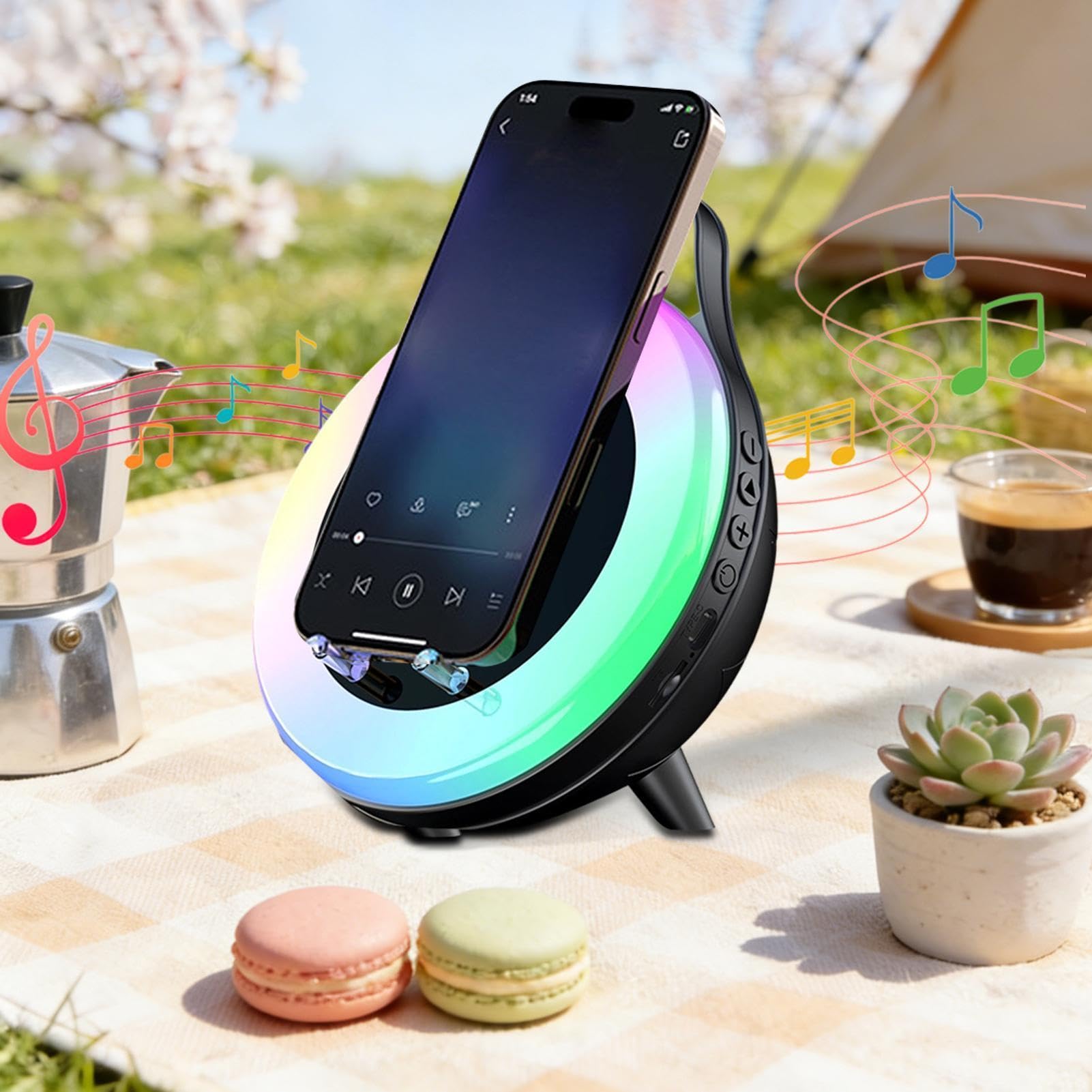 Głośnik Bezprzewodowy Z Podświetleniem RGB, Akumulatorowy, Ergonomiczny | Głośnik Indukcyjny Z Oświetleniem Ambientowym Do Domu Biura Mieszkania Akademika Podróży Kampingu Wakacji Urodzin Świąt