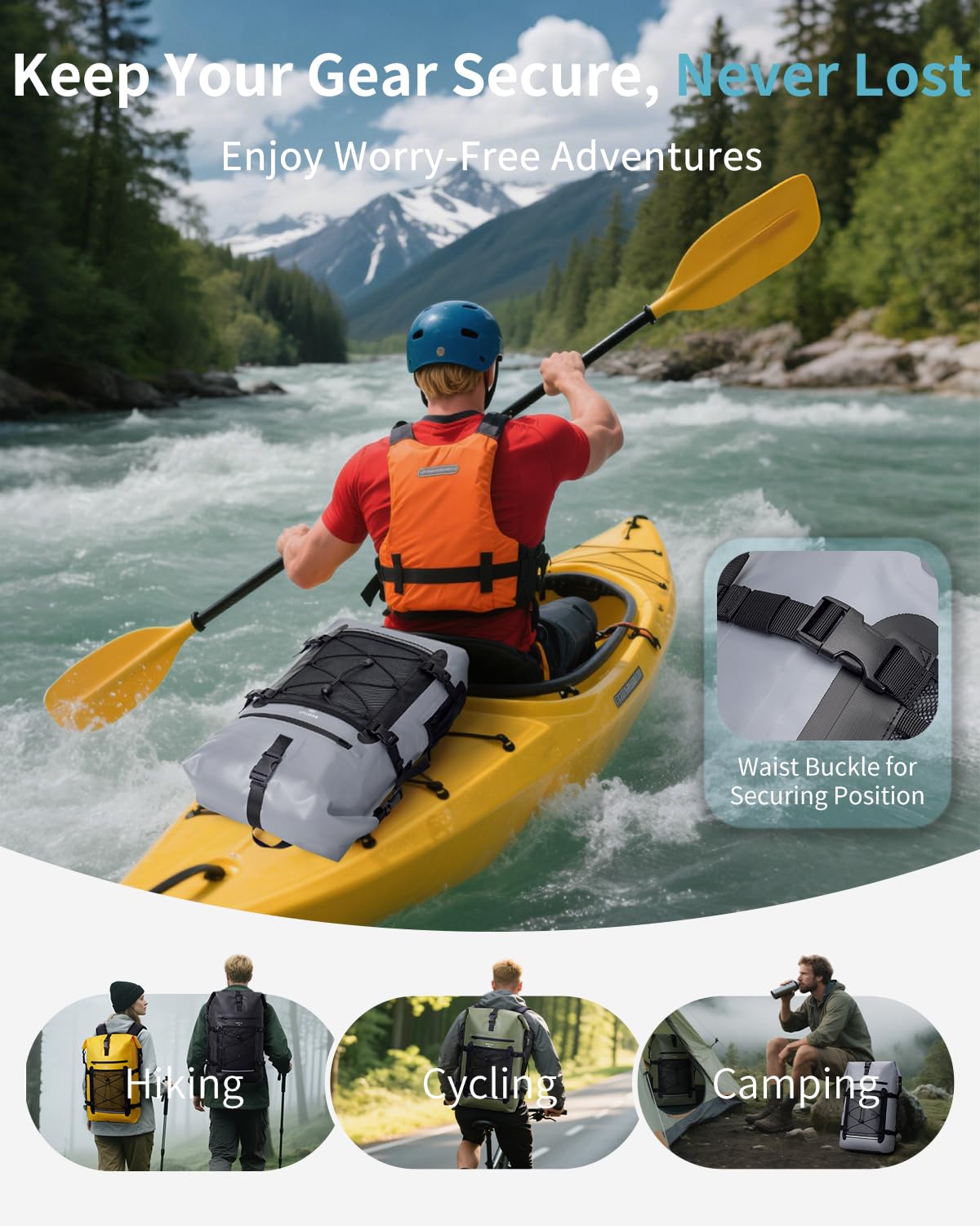 ECOHUB Wasserdichter Rucksack, Rolltop mit IPX8 Handyhülle & Atmungsaktive Rückenpolsterung, Dry Bag für Kajak, Bootfahren, Wandern, Camping, Angeln, Rafting, Lieferfahrer, 30L, Grau