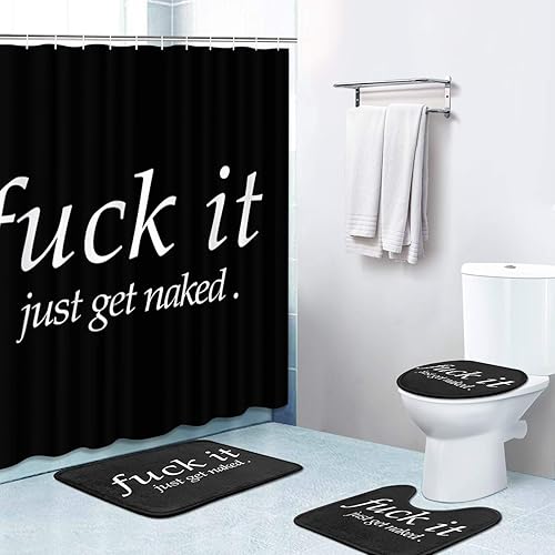 Britimes Juego de cortinas de ducha de 4 piezas, con 12 ganchos, Fuck It Just Get Naked con alfombras antideslizantes, cubierta de tapa de inodoro y