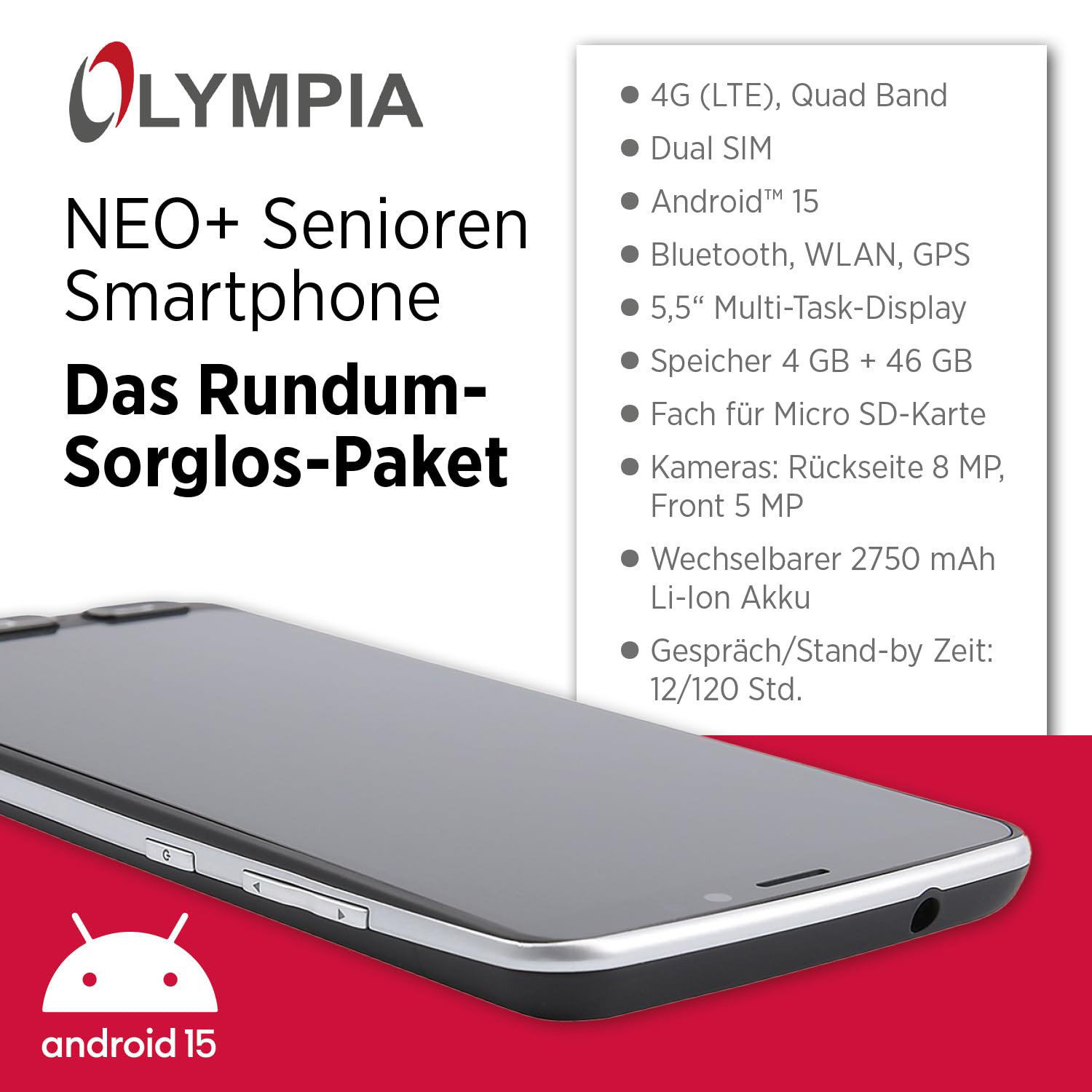 Olympia Neo+ teléfono móvil Negro para Personas Mayores | teléfono Inteligente para Personas Mayores con Pantalla Grande y botón de Llamada de Emergencia | operación Extra fácil | teléfono móvil para