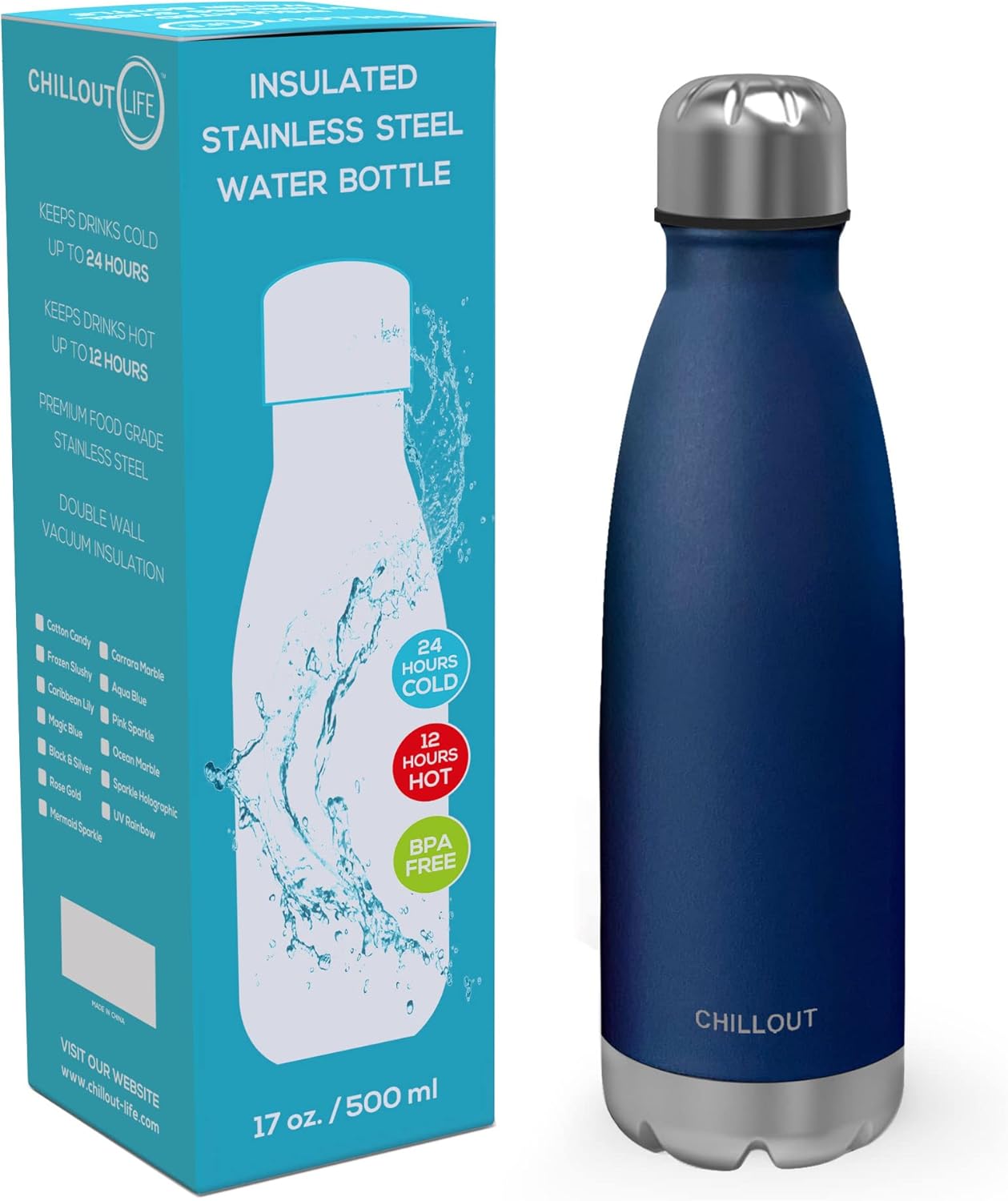 CHILLOUT LIFE Stainless Steel Water Bottle: 17 oz Double Wall Insulated Cola Bottle Shape for Cold and Warm Drinks, BPA Free Metal Sports Bottle - Navy Blue - Image 2