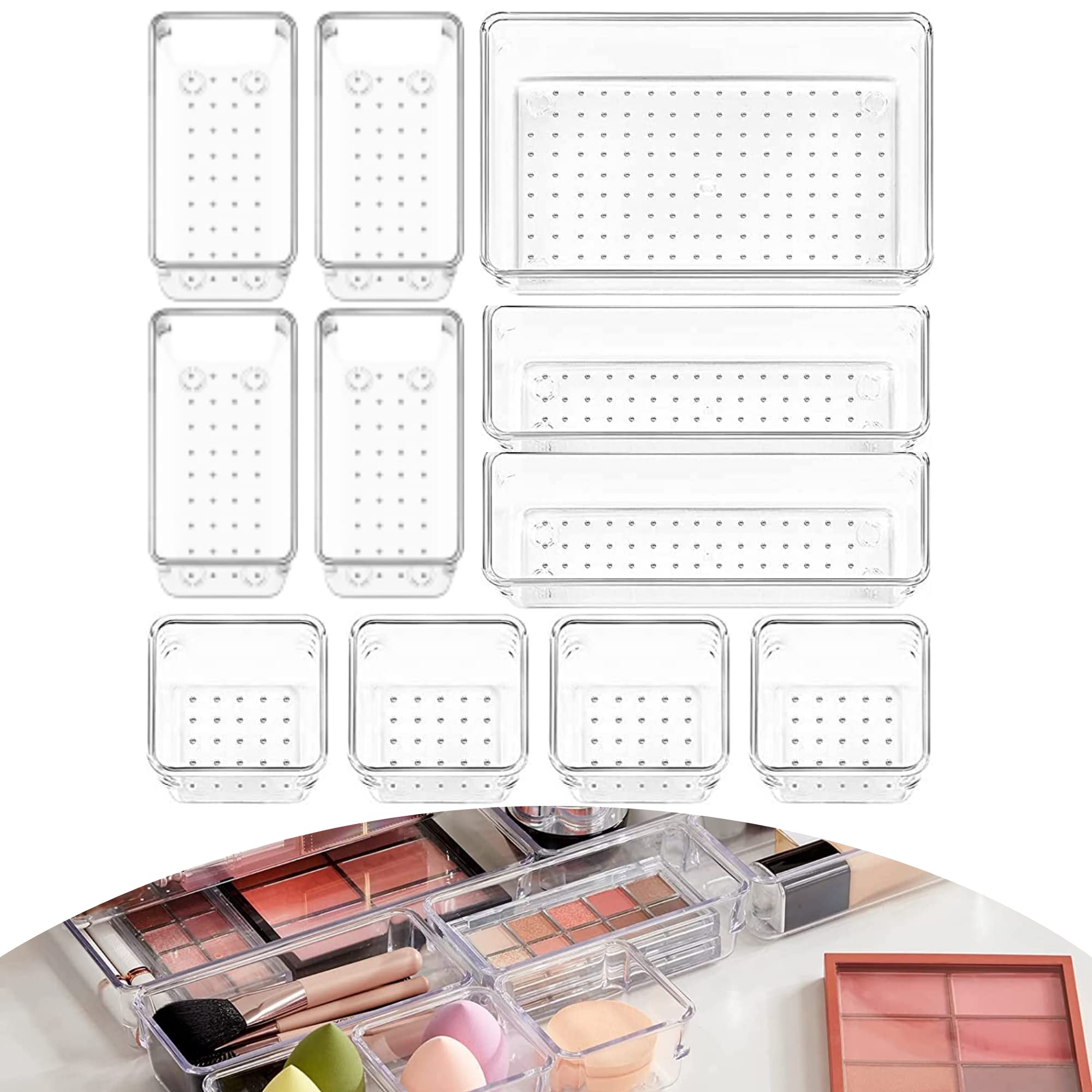 11 Pcs Desk Drawer Organiser Set | Makeup Organizer - Non-Slip, Stackable, Clear Plastic Drawer Divider Storage Organizer Trays for Kitchen, Bathroom, Jewelry, Utensils, Office & School Supplies