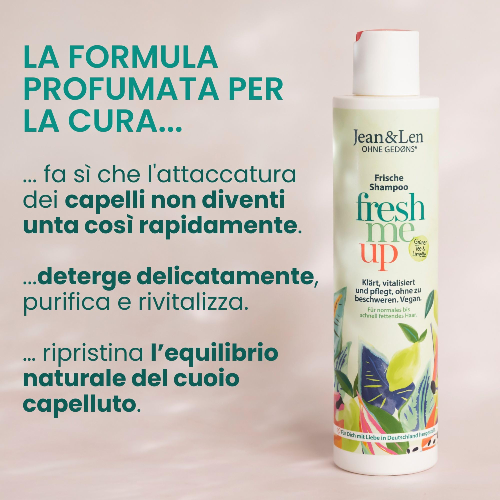 Jean & Len Shampoo Freschezza Tè verde & lime, per capelli normali e grassi, protegge dall’idratazione, riequilibrante, senza siliconi/parabeni, vegano, profumo fresco, 6 x 300 ml