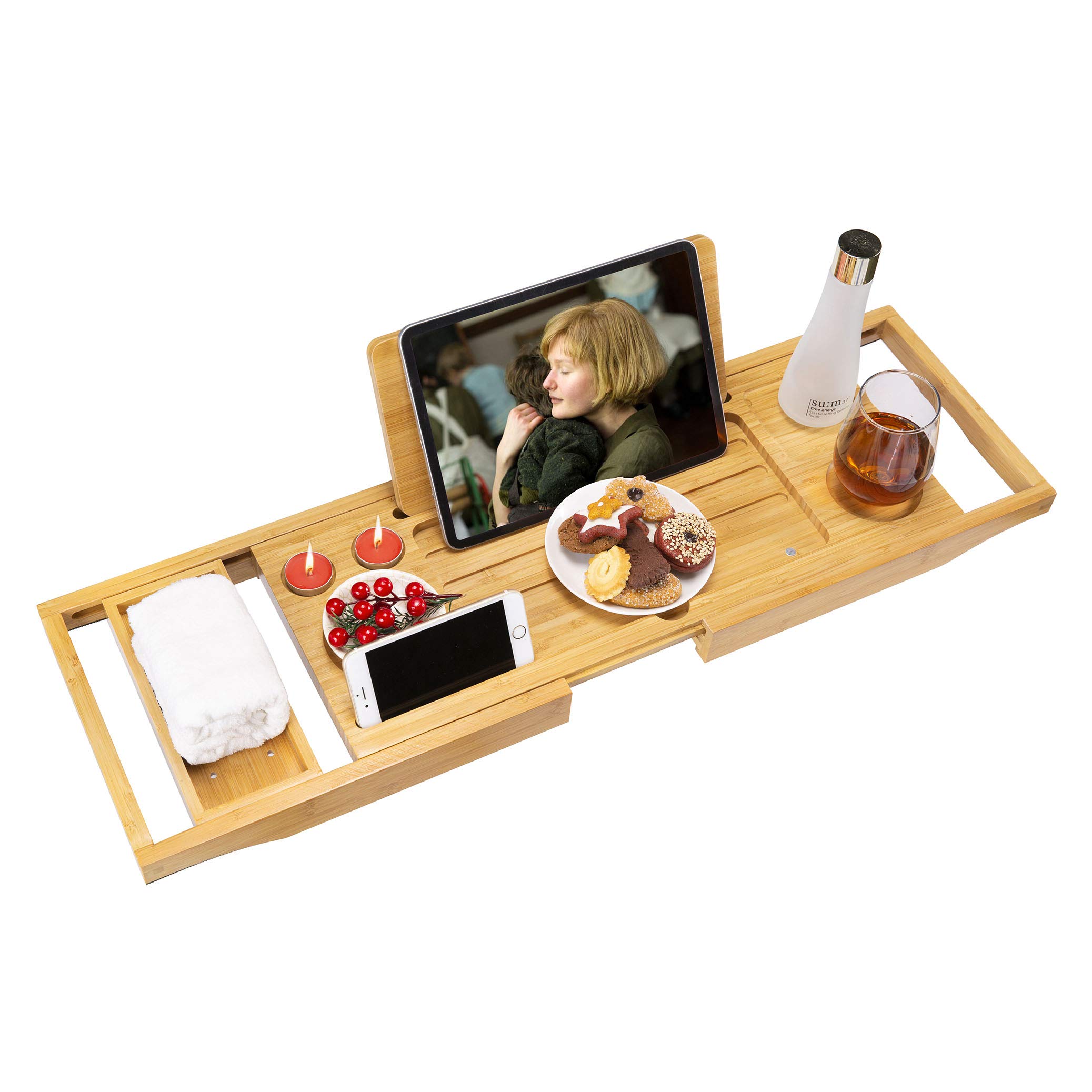 Premium Bamboo Bath Tray Table, Expandable Bathtub Tray Rack,Bathtub Caddy Table with Book Wine Phone Holder (1 Sliding Tray)