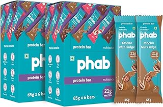 Phab Protein Bars with 21g Protein, No Preservatives, No Artificial Sweeteners, Zero Trans Fats, Goodness of Dates | Pack of 12 x 65g Bars | Mocha Nut Fudge
