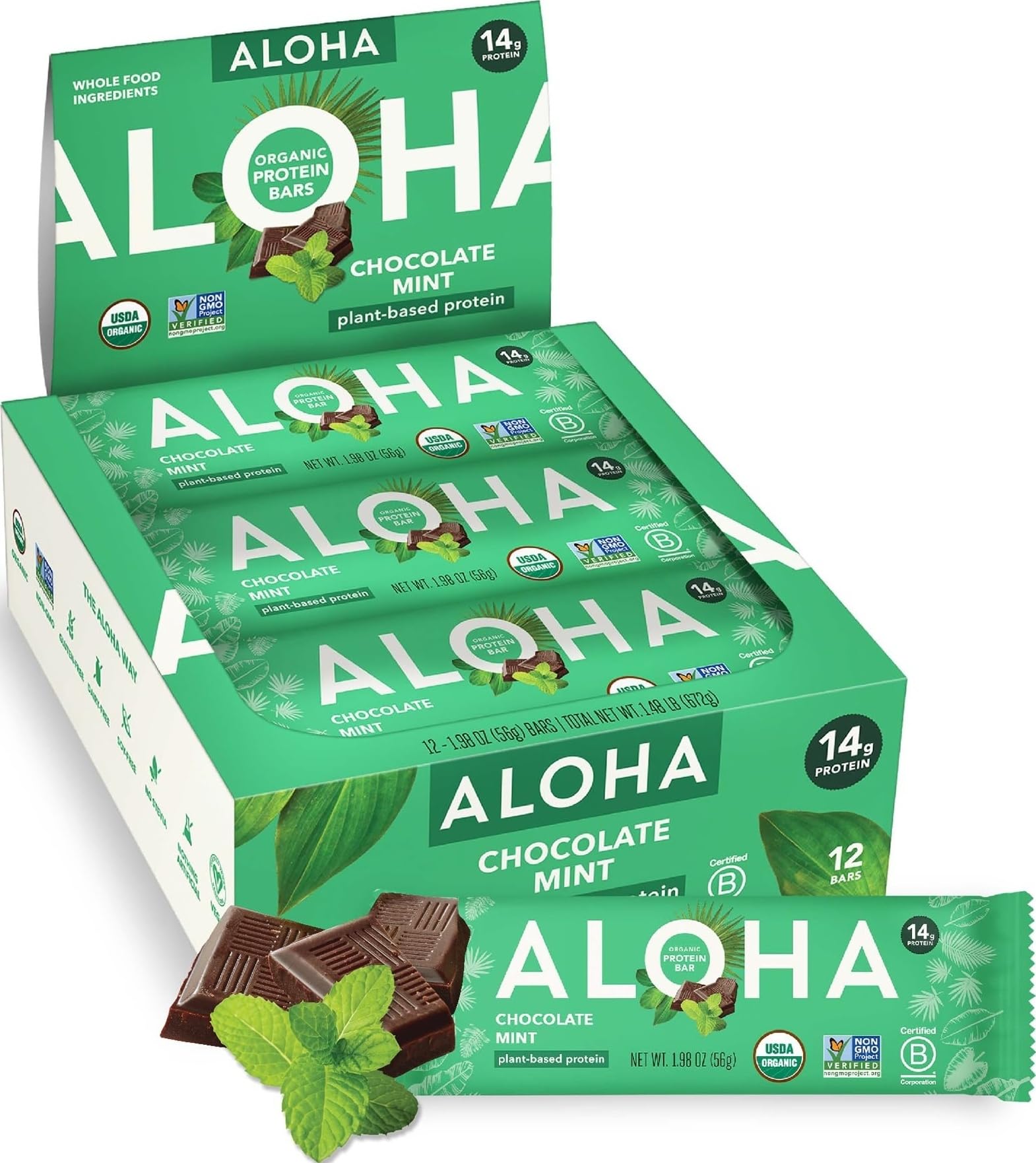ALOHA Organic Plant Based Protein Bars, Chocolate Mint, 1.98 Oz
