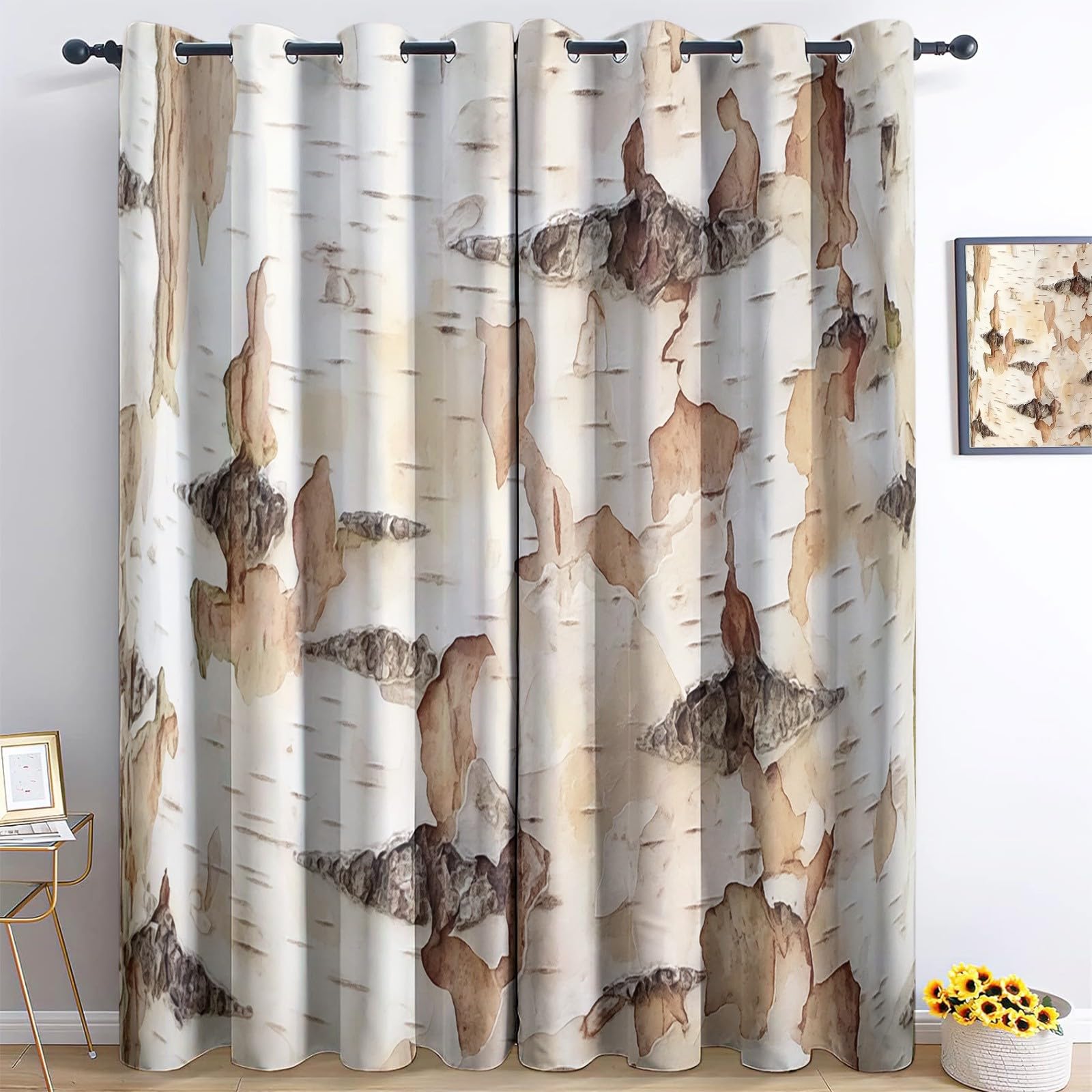 Tende Oscuranti per Interni 2 Pezzi 140x260 cm (LxA), Wood Grain Birch Natural Theme Tenda Coprente per Soggiorno, Termiche Isolanti Tendaggi per Interno con Anelli Finestra per Salotto