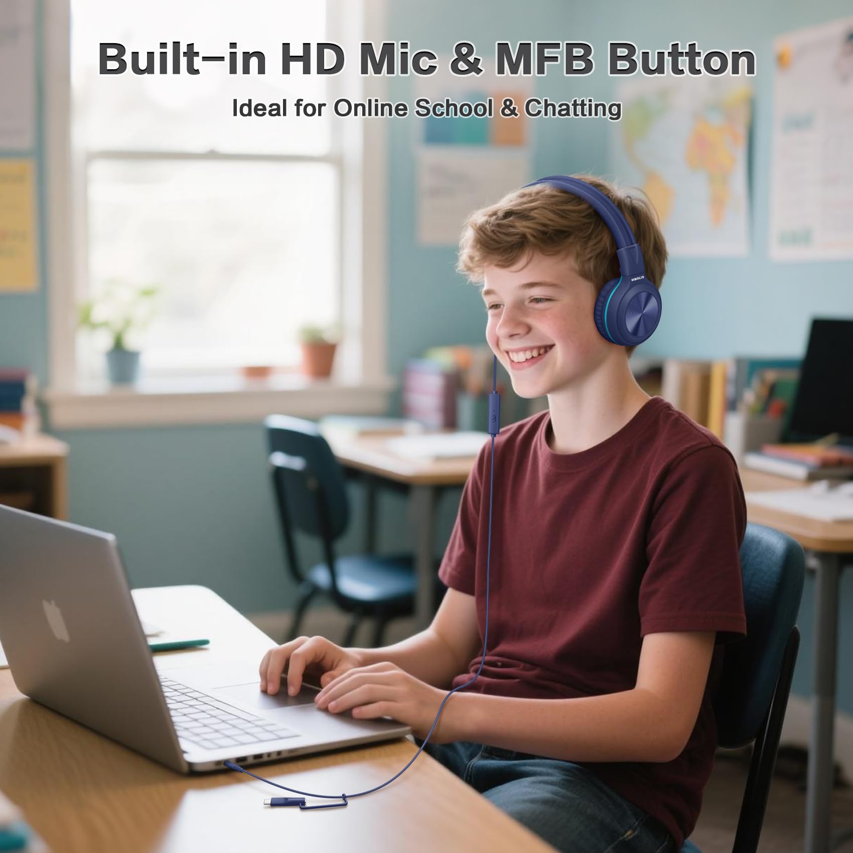 SIMOLIO Confezione da 2 cuffie cablate per bambini, da USB C a dongle da 3,5 mm, porta di condivisione, cuffie pieghevoli per adolescenti, ragazze, ragazzi, limitatore di volume a 3 livelli con