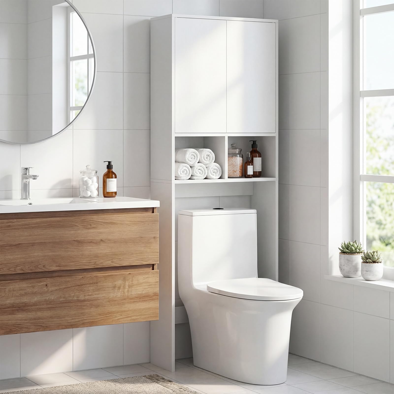 COSTWAY Armario de Almacenamiento sobre el Inodoro, Mueble Organizador de Baño con Puertas, 2 Compartimentos Abiertos, Estante Ajustable, Gabinete Estantería Ahorro de Espacio para Lavandería, Blanco