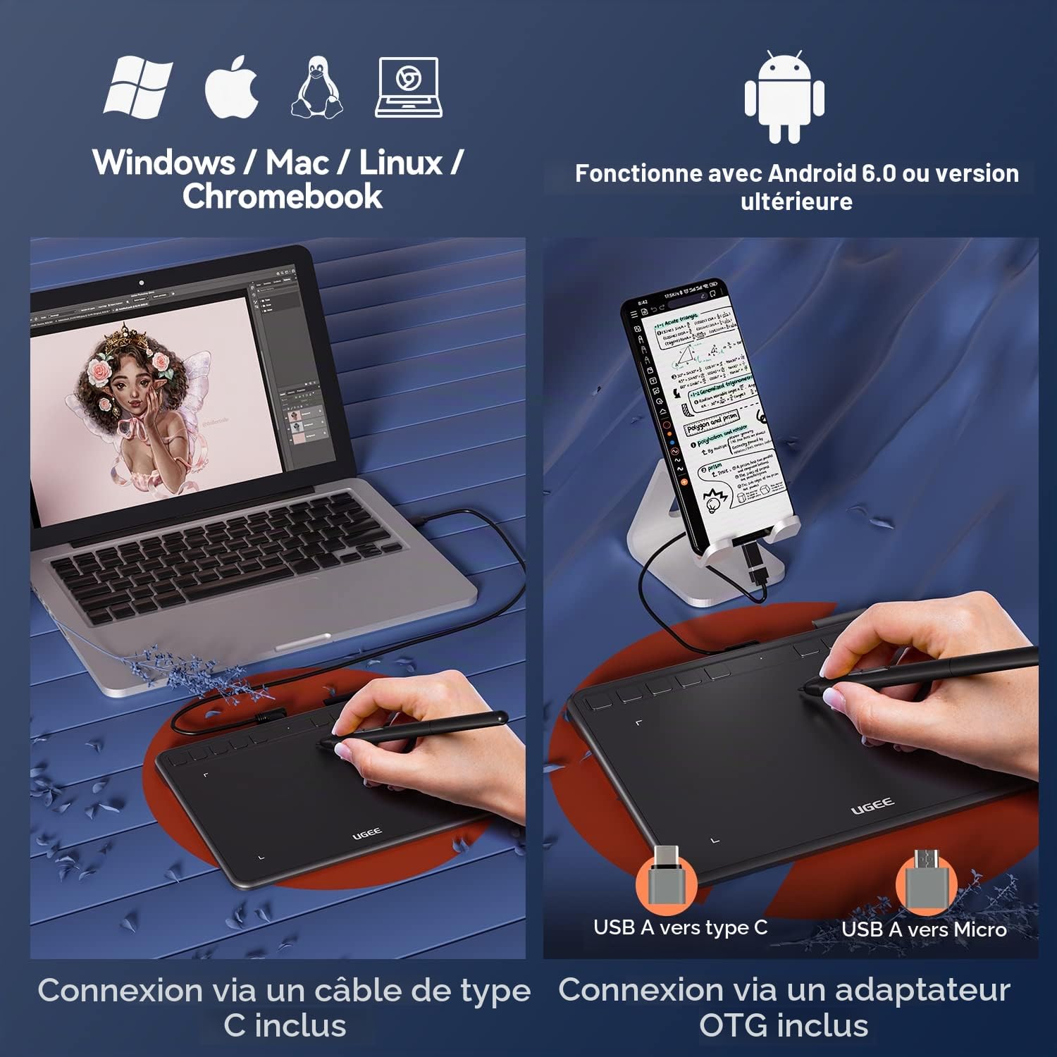 UGEE Tablette Graphique S640 Tablette de Dessin numérique Ultra-Mince Portable avec Fonction d'inclinaison du Stylet sans Batterie de 8192 Niveaux 10 Touches Express pour débutant