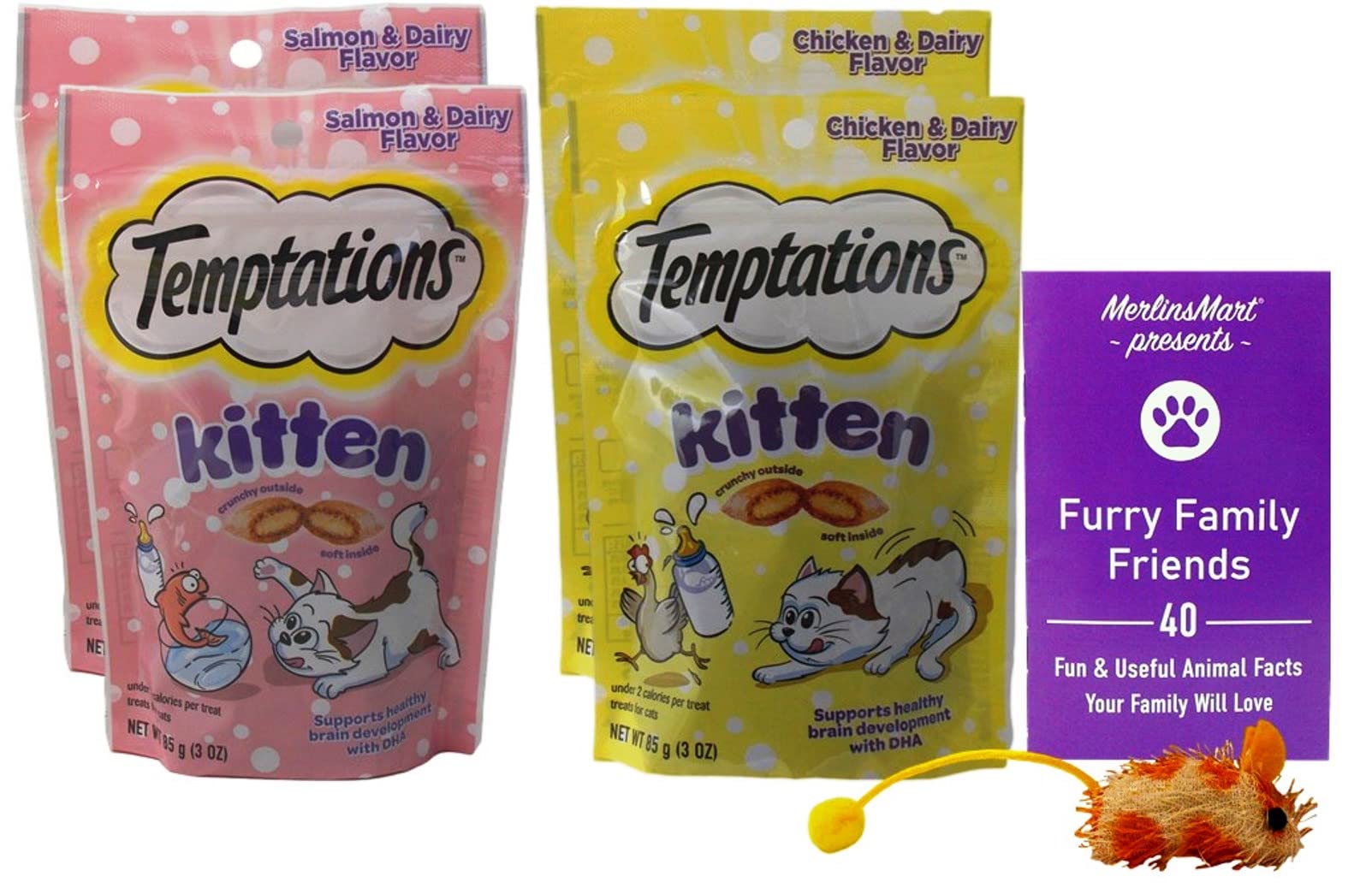 Temptations Crunchy Soft Center Kitten Cat Treats with DHA Flavor  Variety, (2) Each: Salmon Dairy, Chicken Dairy (3 Ounces) Plus Catnip Toy  and Fun