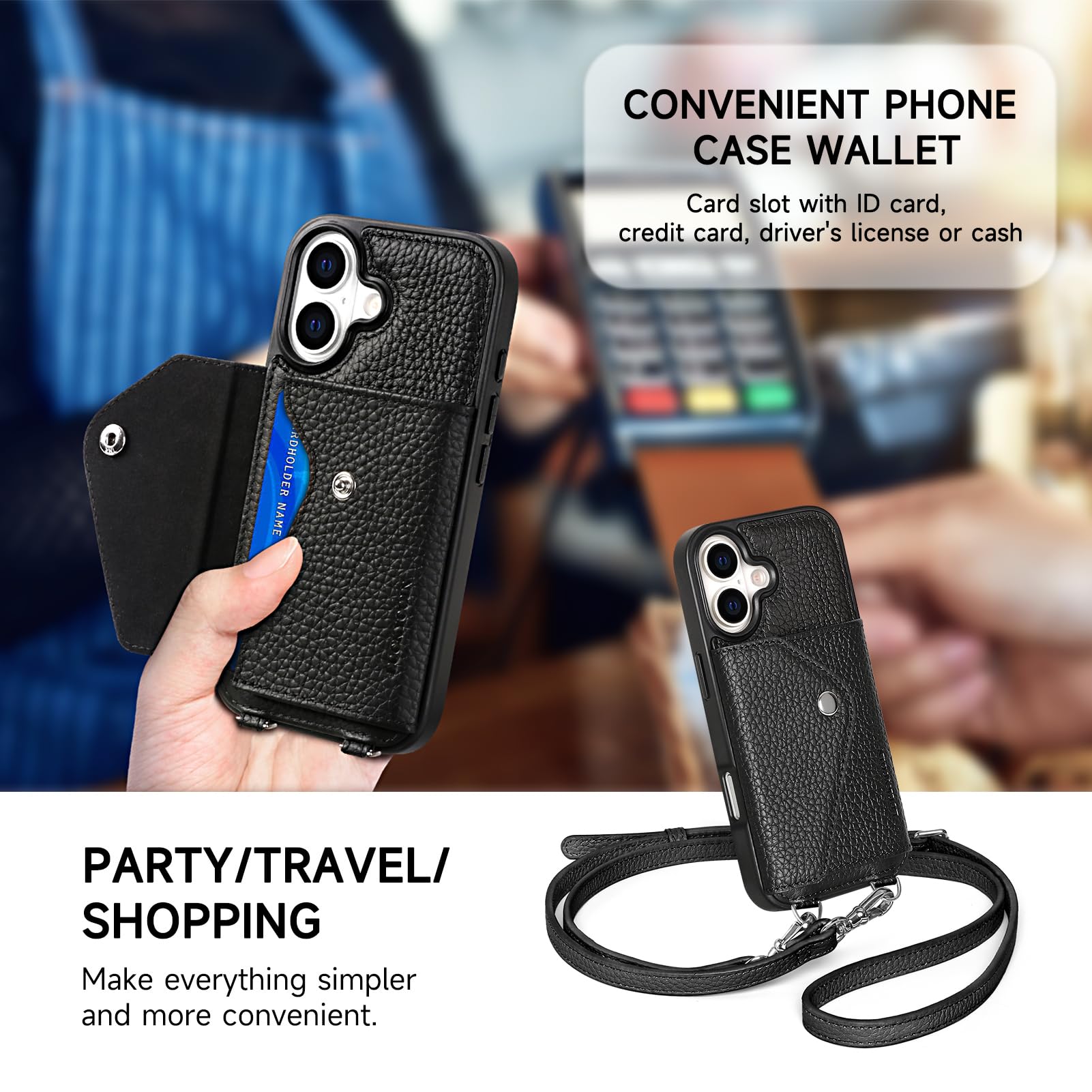 LUCKYCOIN Custodia a portafoglio in pelle per iPhone 17, custodia a tracolla nera | con cinturino da polso regolabile rimovibile, con porta carte, custodia a tracolla per donna, custodia da viaggio