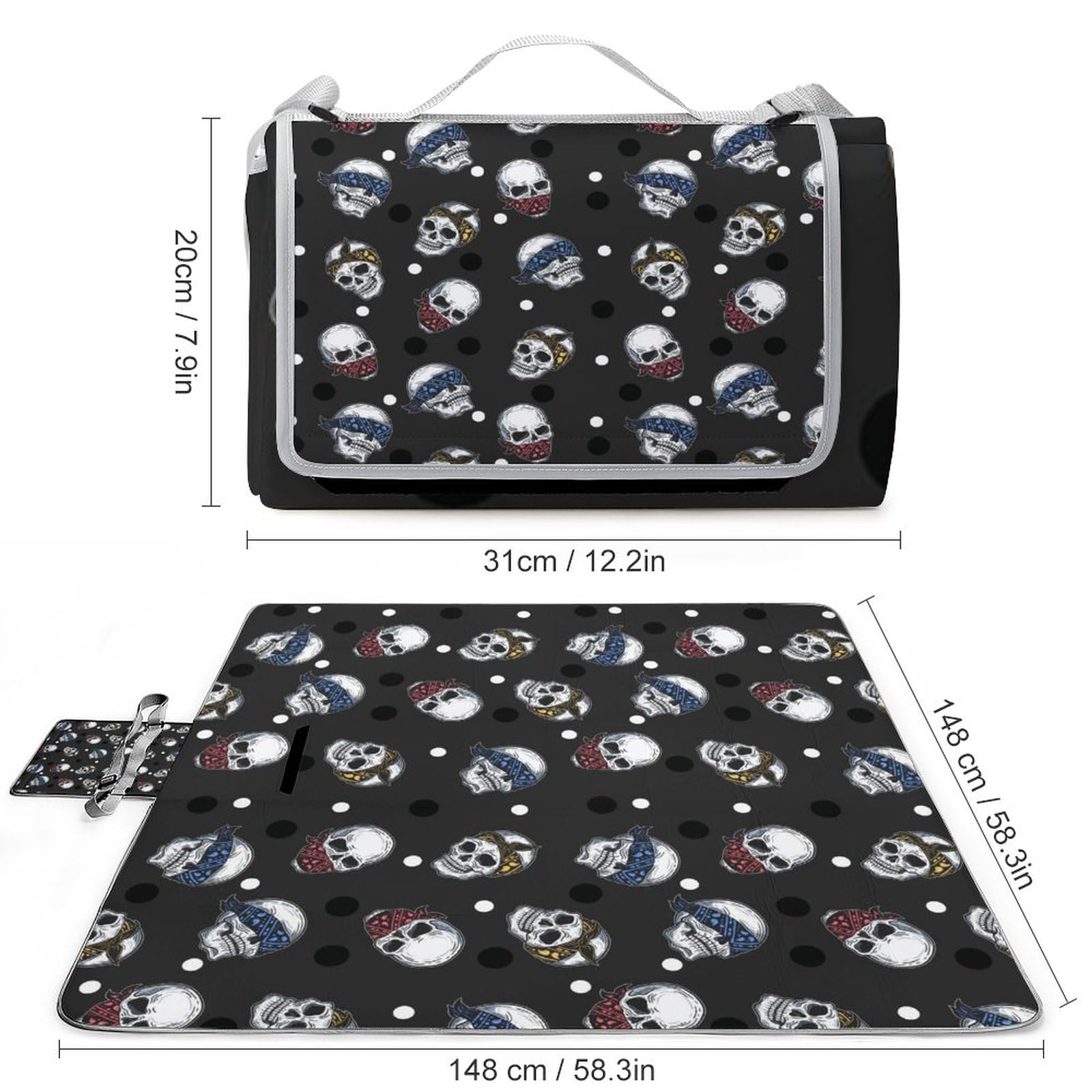 Colorful-Skull-Pattern Picnic Blanket Waterproof Foldable, Large Outdoor Picnic Blanket Beach Blankets Camping Blanket Travel Mat, Shoulder Strap Tote, Rectangle 58x58in