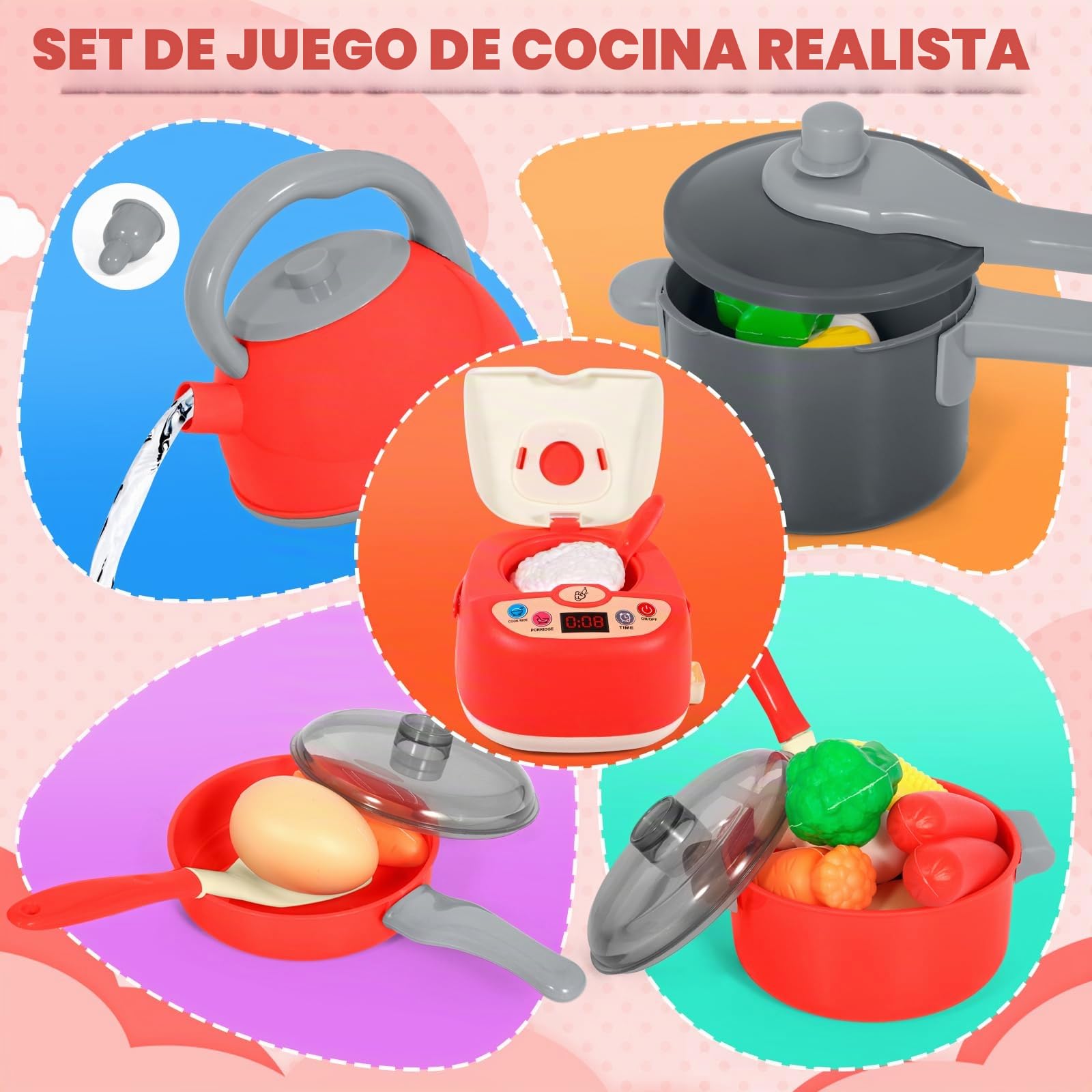 102 Pcs Cocina Juguete, Accesorios Cocina Infantil Exterior, Juego de Roles de Cocina, con Accesorios Cocina, Cazuelas, Comida de Juguete y Cesta de la Compra para Niños y Niñas de 3 a 8 Años