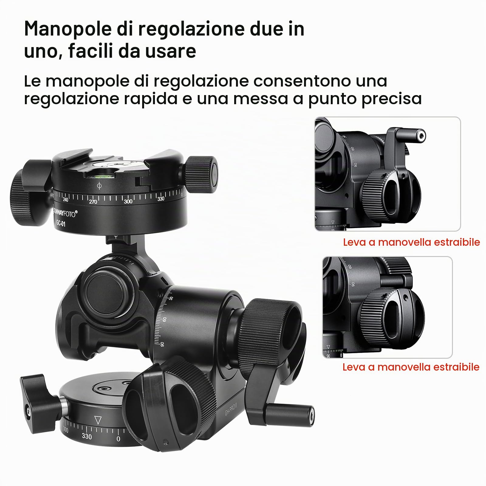 Sunwayfoto GH-PROII+ Regolazione indipendente 3D della testa ingranata viene fornita con morsetto panoramico orientato GC-01